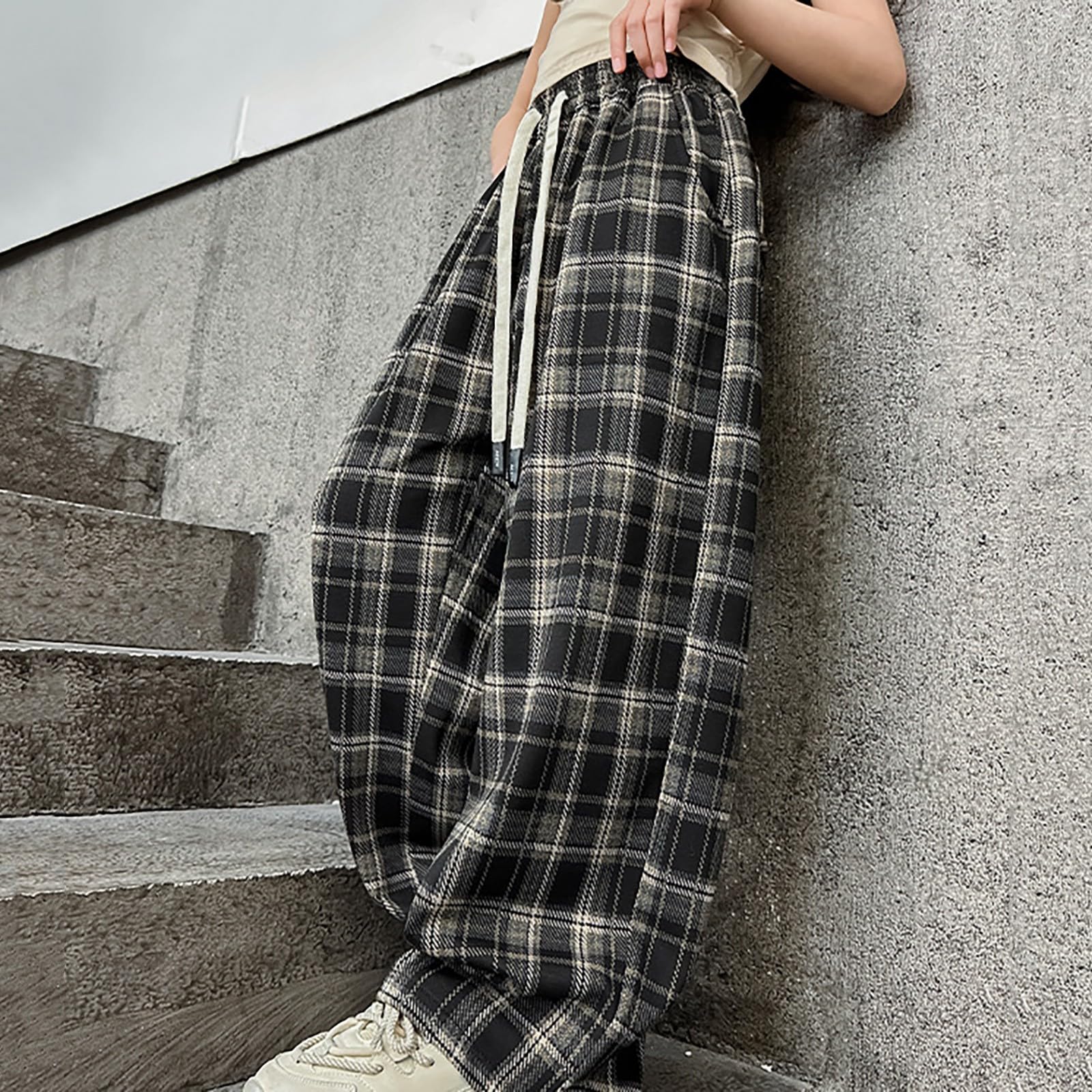 Pantaloni foderati in pile per ragazze, a quadri, larghi, comodi, morbidi, caldi, invernali, casual, eleganti, per la scuola