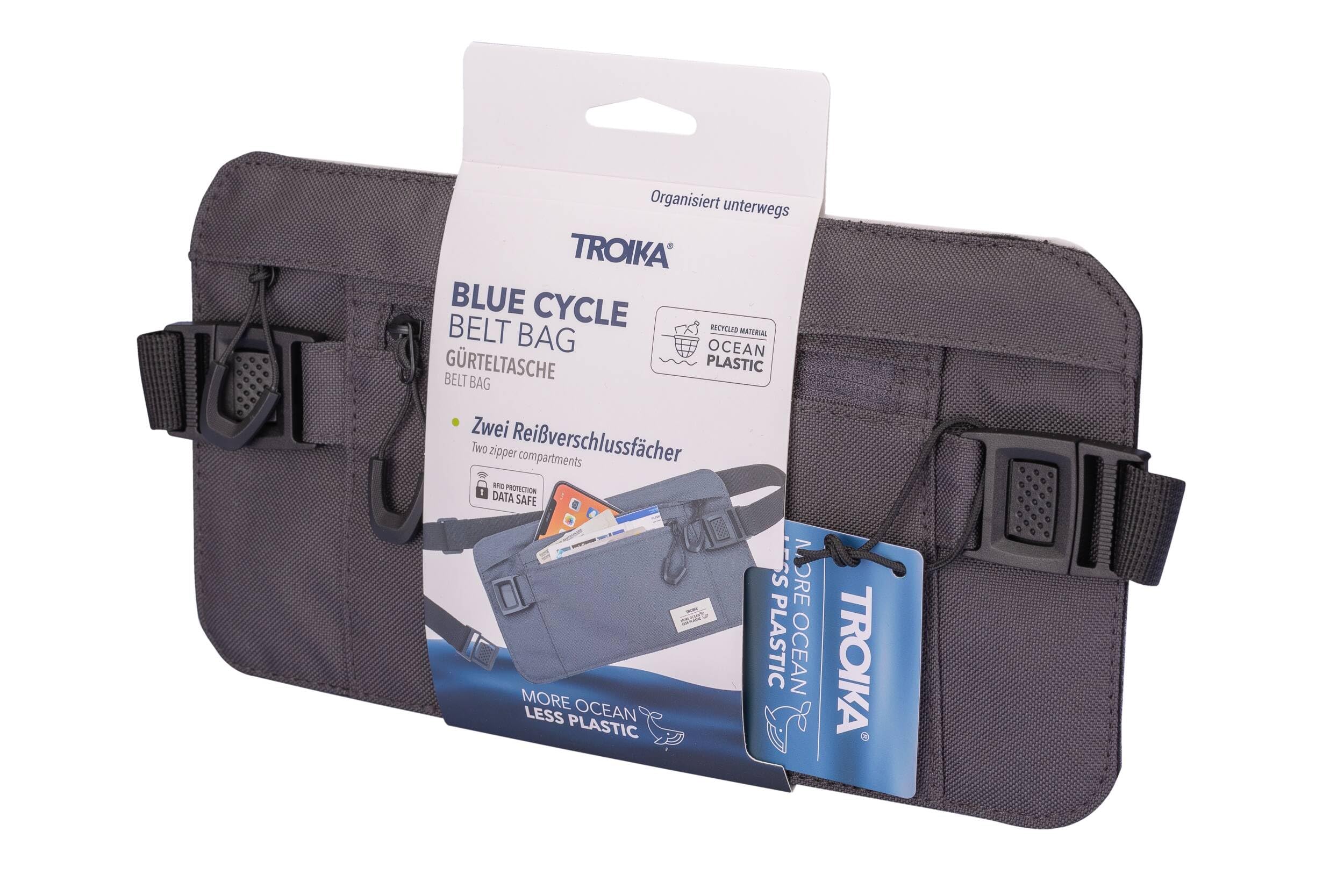 TROIKA Torba na pasek Blue Cycle Belt Bag – 1 kieszeń z ochroną przed odczytem – pasuje na bilety, smartfony, paszport, dowód osobisty, karty pokładowe, plastik morski z recyklingu, ciemnoszary,