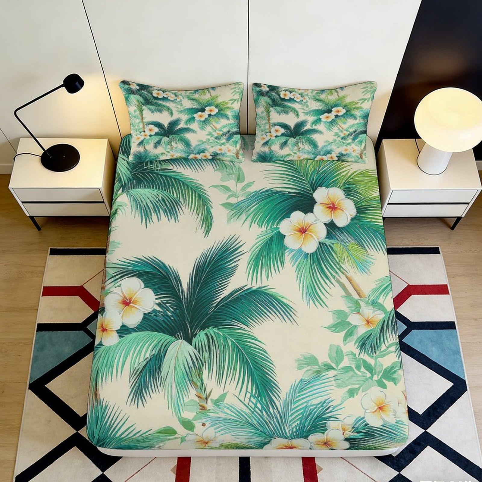 3D Printed Tropical Palm Fitted Sheet Microfiber Floral Mattress Cover Anti-Slip Washable Bed Decor for Bedroom Guest Room 140x200x25cm