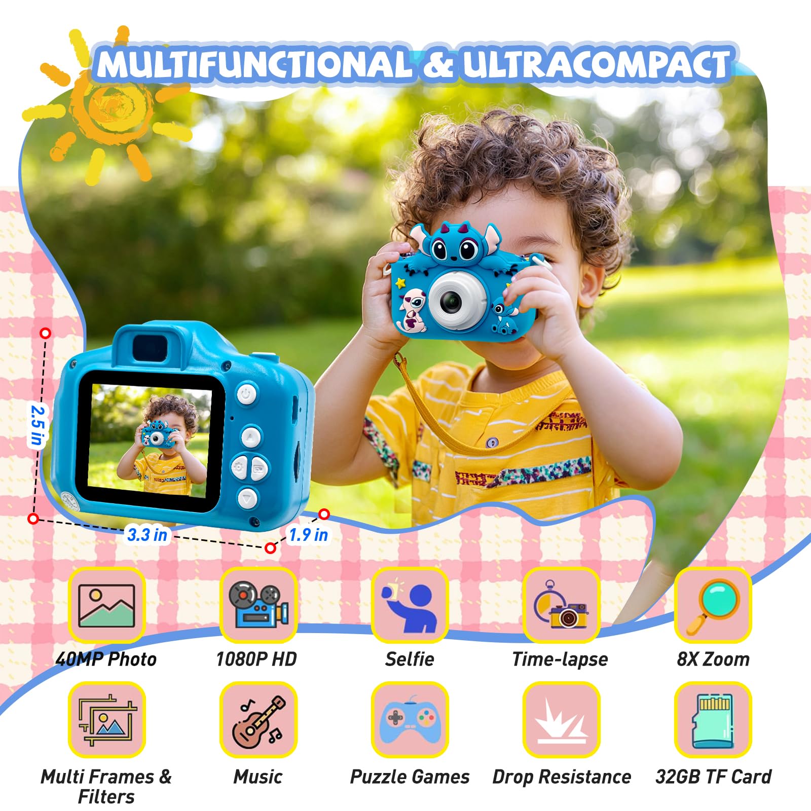 Kids Camera Toddler Digital Camera Little Girls Toy Camera for 3 4 5 7+ Years Old Boys Christmas Birthday Gifts for Kids Digital Camera 40MP Dual Lens 1080P HD Video Selfie Camera with 32GB SD Card
