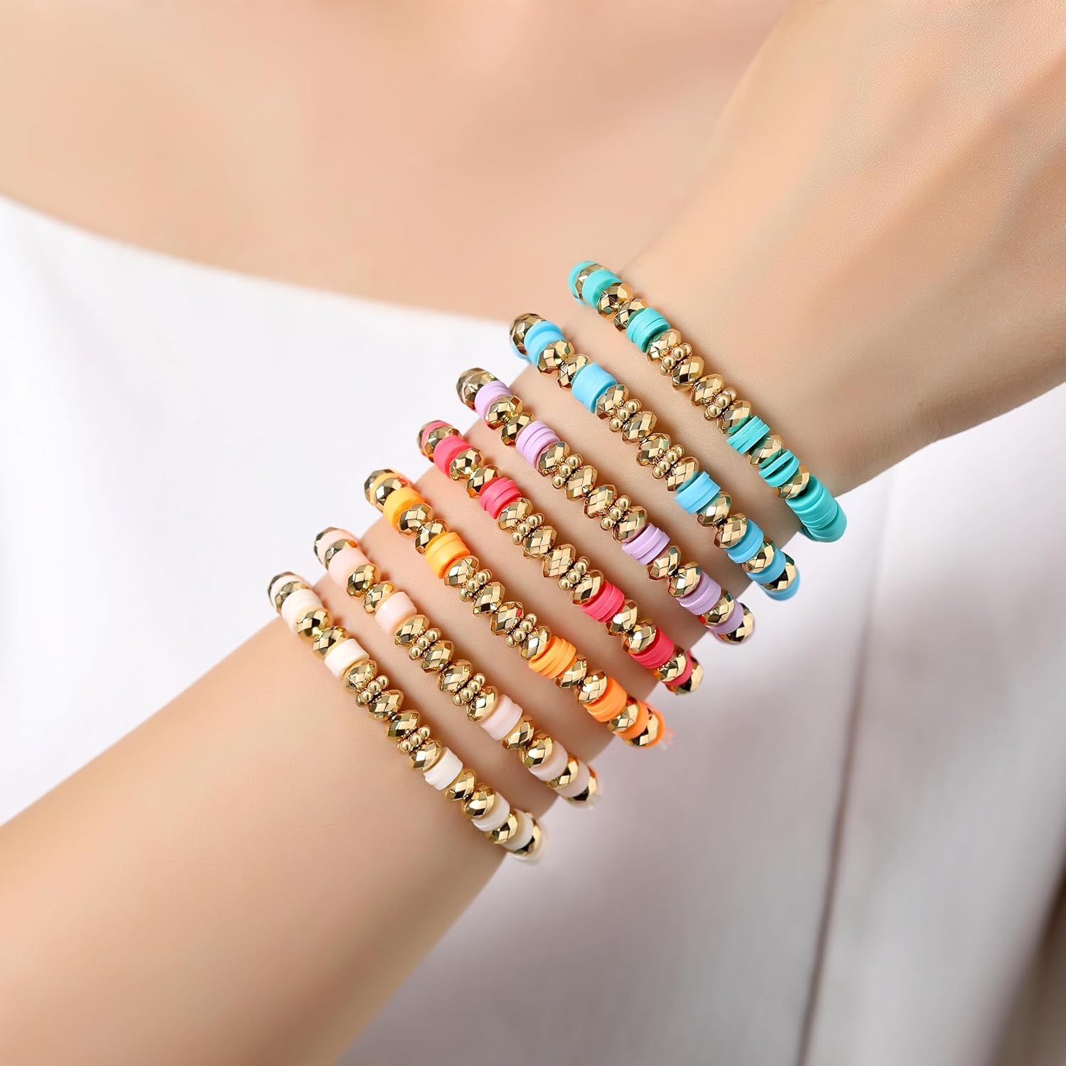 XIANNVXI 7pc Heishi Clay Bead Bracelets for Women Gold Plated Beaded Bohemian Stackable 6.8In Stretch Bracelets Elastic Layering Friendship Jewelry Boho Gift Set - Image 4