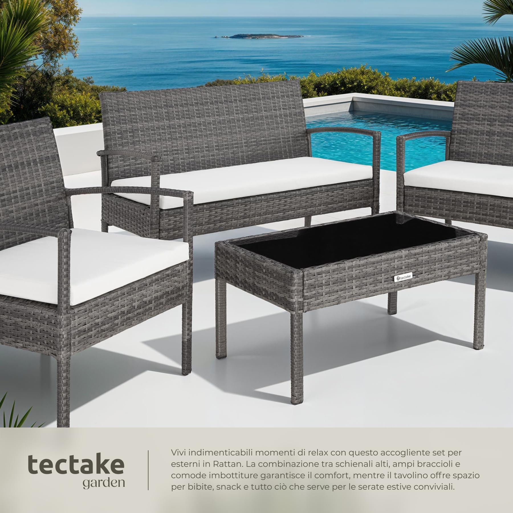 tectake® Set di Mobili in Rattan Sparta, Set Sedie, Panca, Tavolino Salotto con Lastra in Vetro, Comodi Cuscini Idrorepellenti, Ideale per Giardino, Terrazzo, Veranda - Grigio