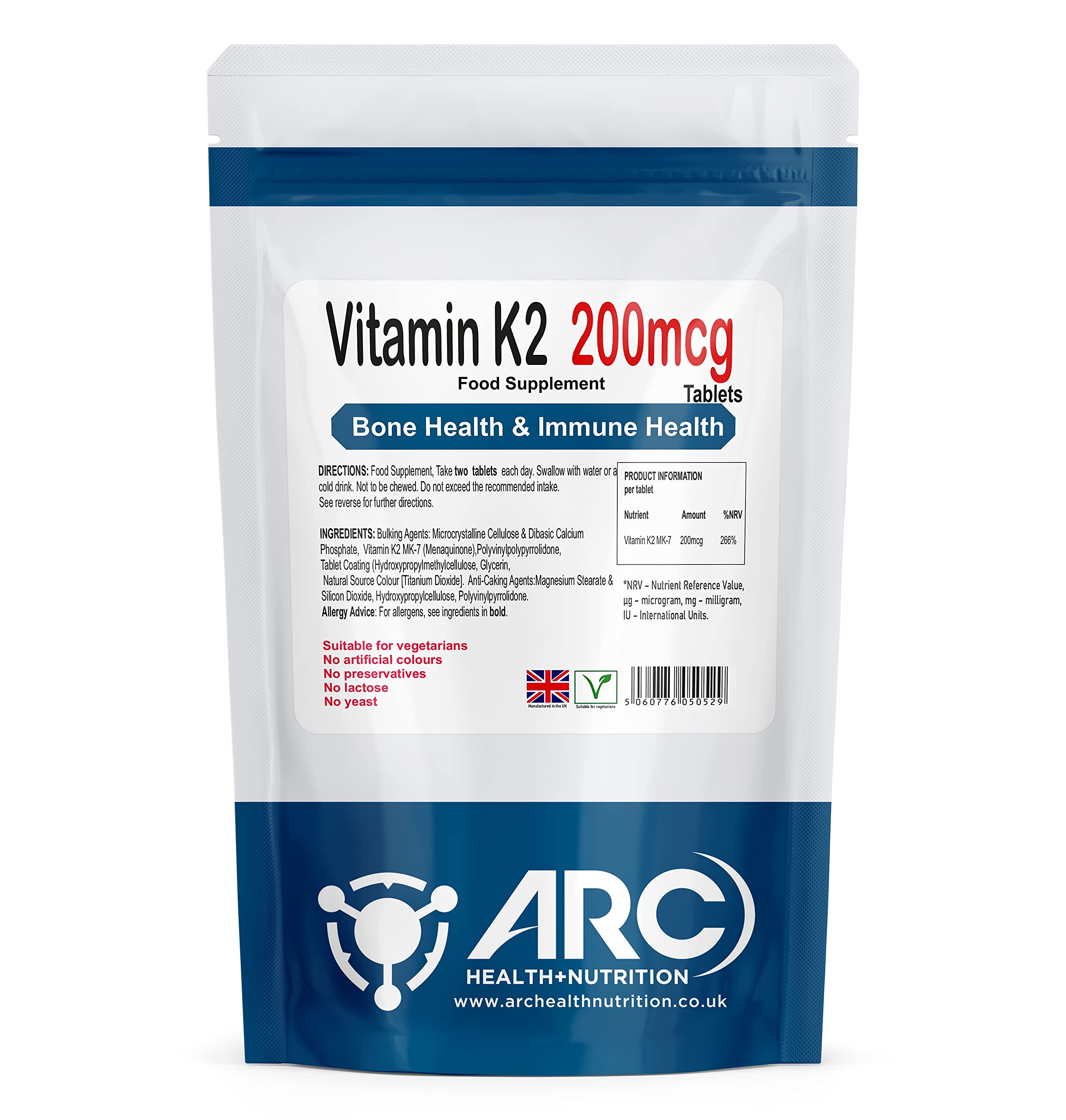 Vitamin K2 MK7 Menaquinone 200mcg Supplement 60 Tablets, Vegetarian & Vegan, for Men and Women - Made in UK