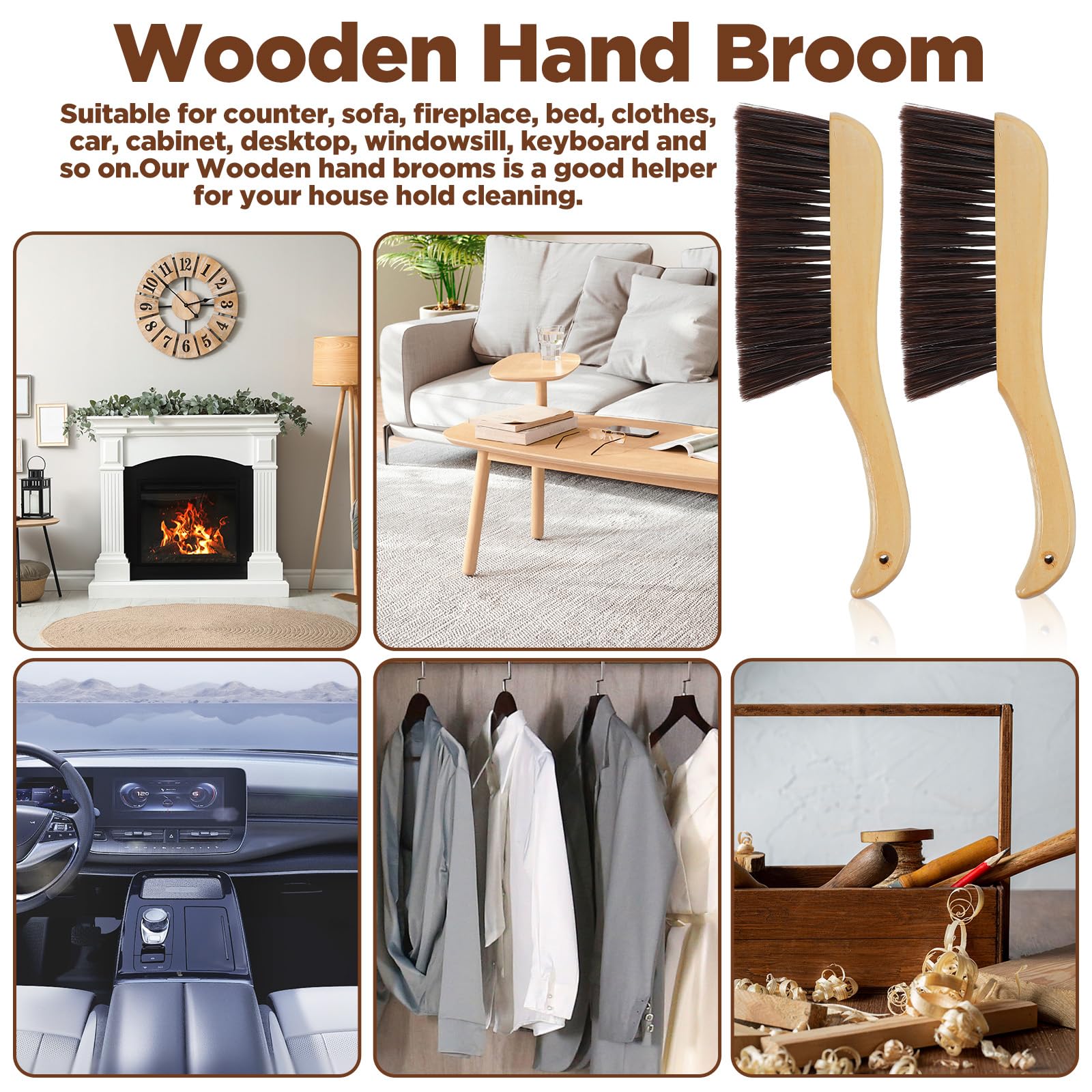6 escobas de mano de madera, cepillo de cerdas suaves con mango largo de madera, cepillo de limpieza para muebles, coche, sofá, cama, chimenea, banco, mostrador, ropa, limpieza del hogar