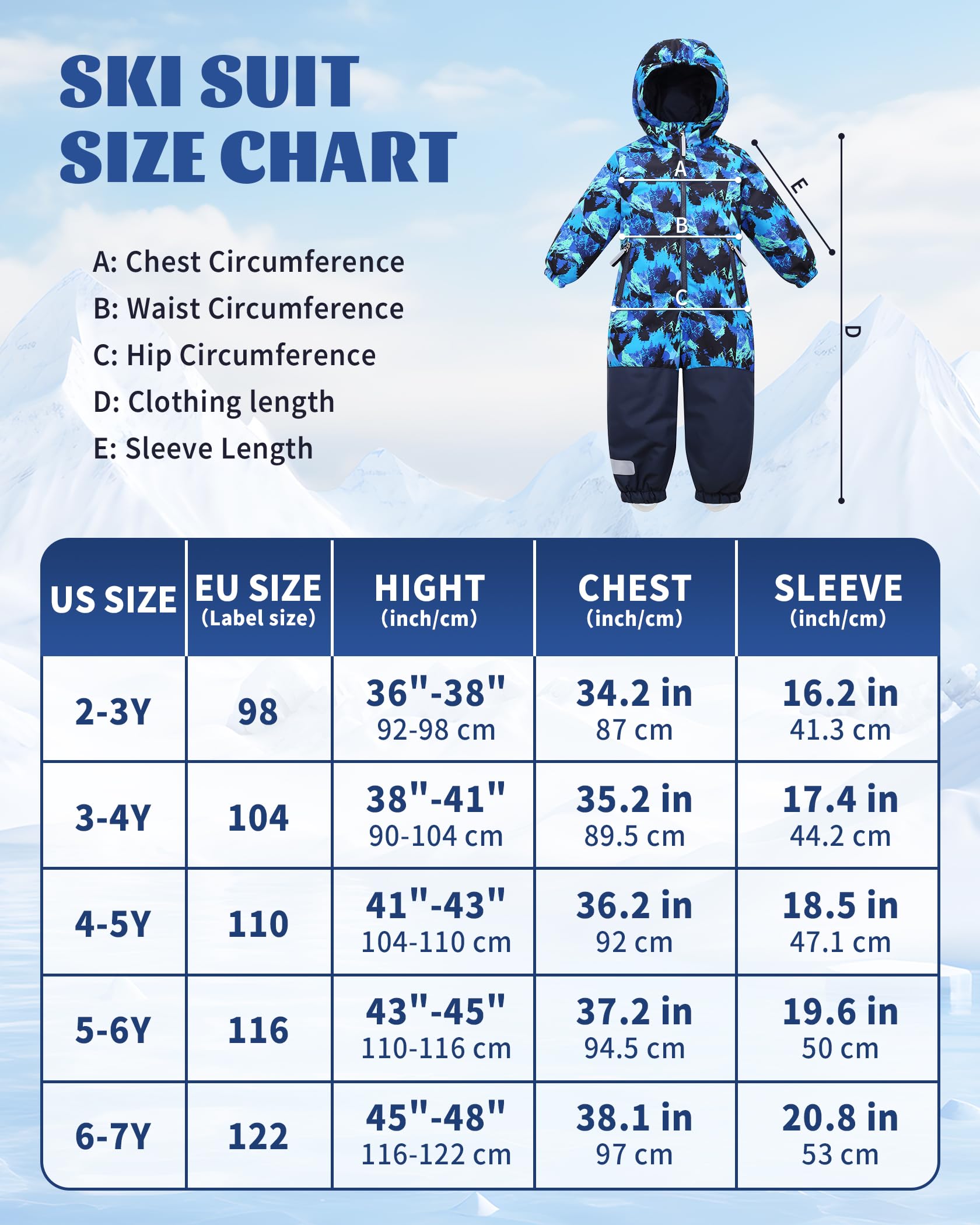 Owntop Schneeanzug Kinder Unisex, Schneeoverall Mädchen Jungen, Winddicht Wasserdicht Skianzug mit Kapuze Reißverschluss (Hellblau Tarnung,104)
