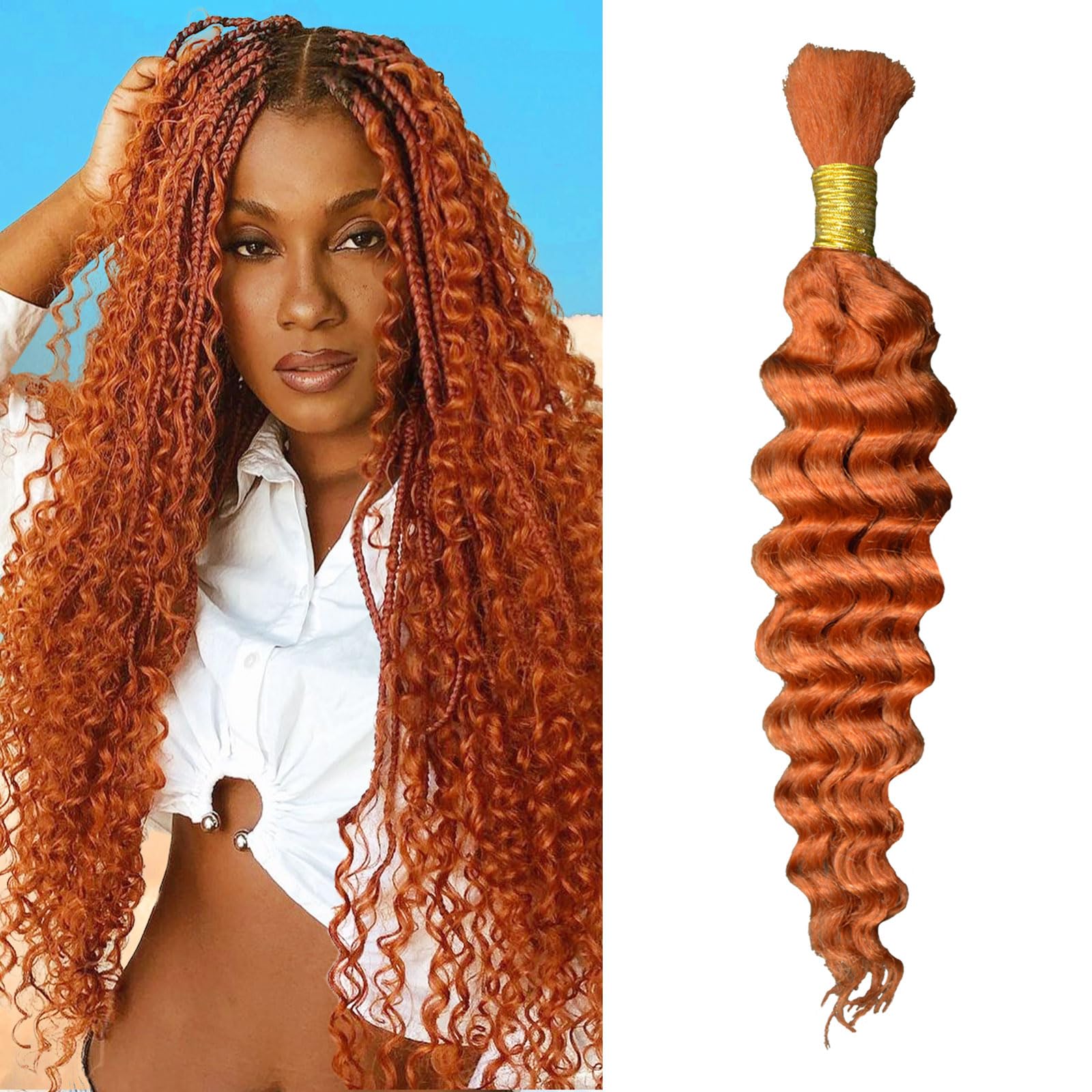 Photo 1 of Eileen 350 ginger human braiding hair Deep Wave Bulk Human Hair for Braiding Curly Human Hair for Boho Braids Water Wet and Wavy Curls Micro Braiding Hair Extensions