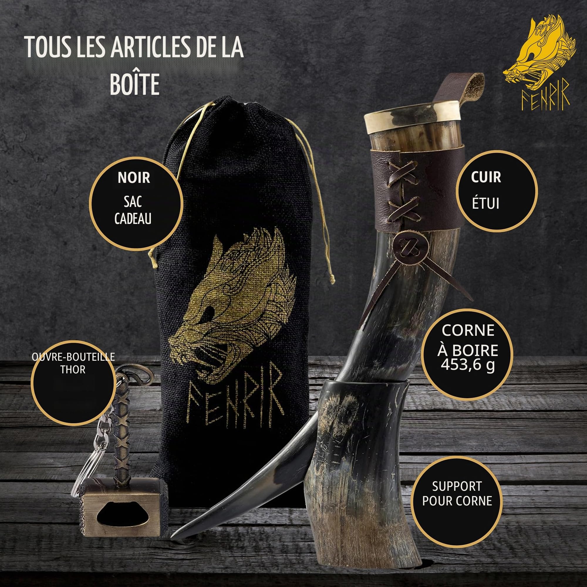 FENRIR Viking Corne véritable en laiton avec ouvre-étui en cuir marron - Brillance biologique naturelle - Pour bière, hydromel - Boisson froide authentique (taille 425,2 à 510,3 g)