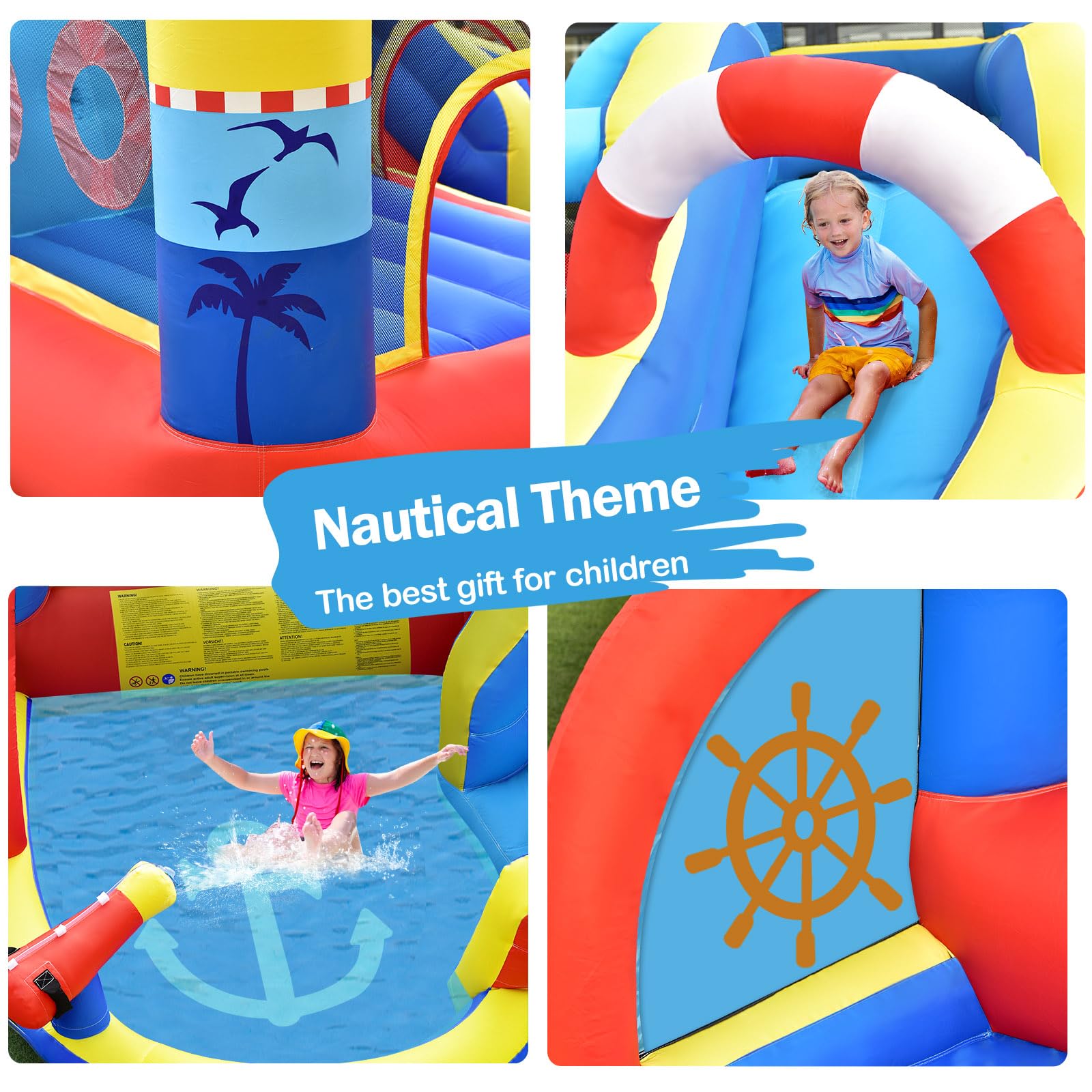 LIFEZEAL Castello Gonfiabile per 4 Bambini 3-12 Anni, Parco Aquatico, con Rete Protettiva, Giochi, Scivolo, Trampolino, Piscina, Cannone dell’Acqua, Interno, Esterno, Tema di Navigazione