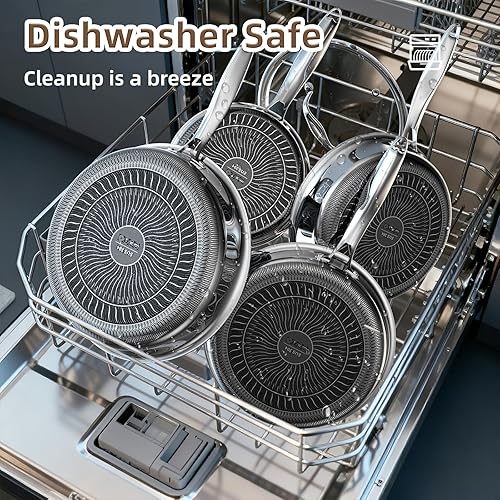 Miniatura 9 de Yoehka Juego de utensilios de cocina de acero inoxidable de 14 piezas, ollas y sartenes antiadherentes con 3 salvamanteles de silicona  Sartenes,