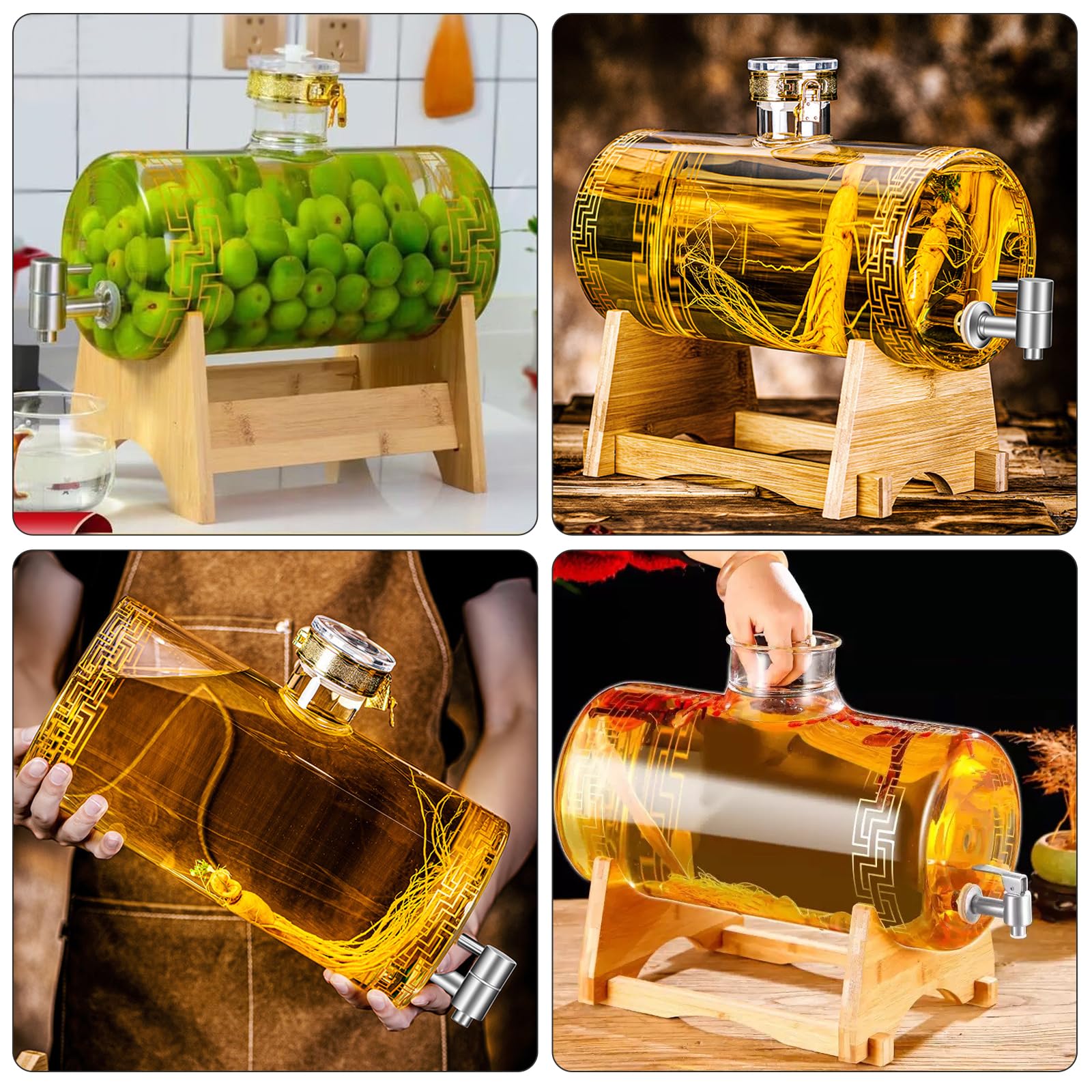Glas Weinfass mit Hahn, Whisky Dekanter Set mit Ständer, Fassförmiger Getränkespender aus Glas 3-5L, Liquor Dispenser, Glaskaraffe Spender, Ausgießer, Spender für Whisky, Brandy, Säfte, Limonade (E)