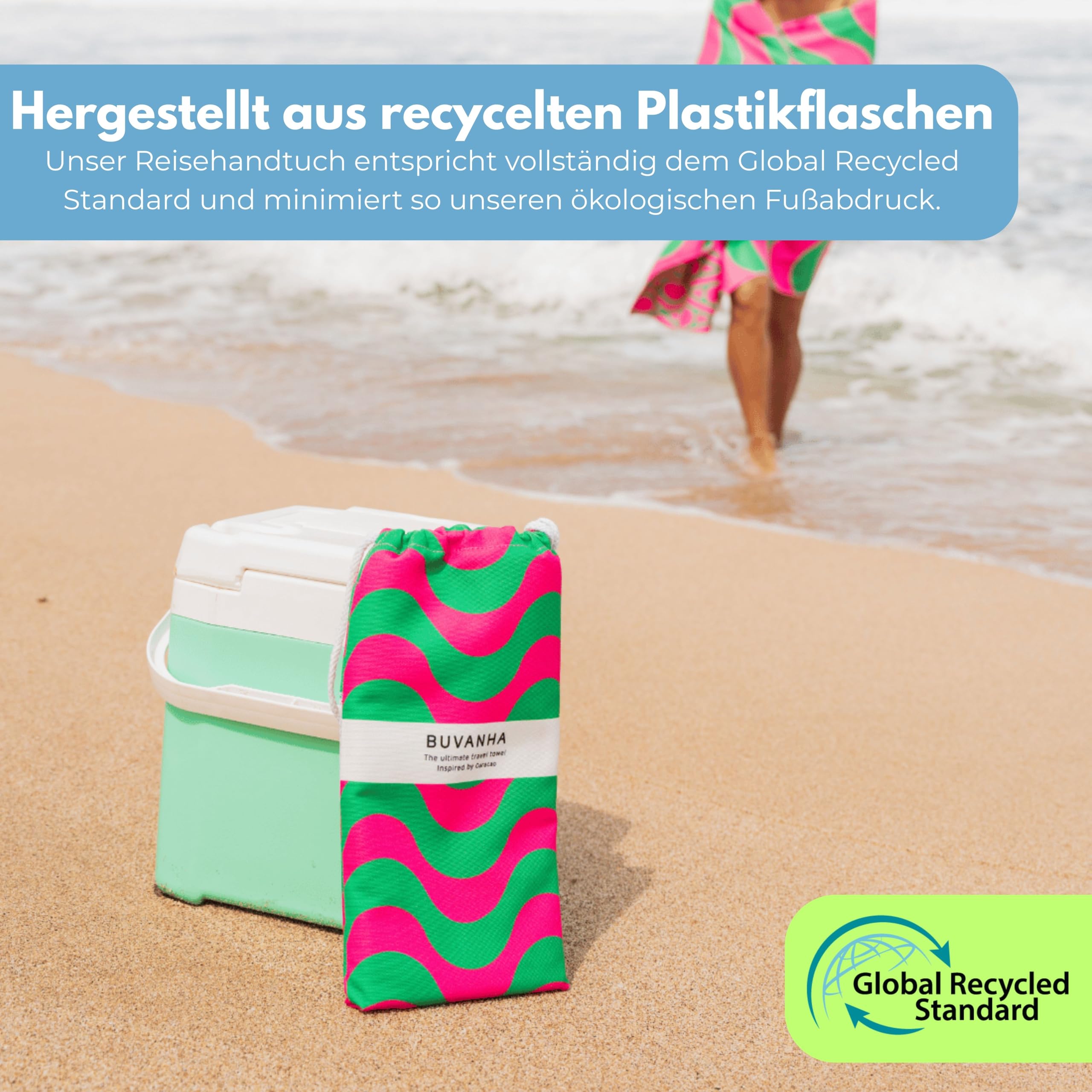 Reisehandtuch Schnelltrocknend & Kompakt 200x90 cm - Mikrofaserhandtuch mit Beutel - Sandfreies Strandtuch aus recyceltem Plastik - Curaçao 02