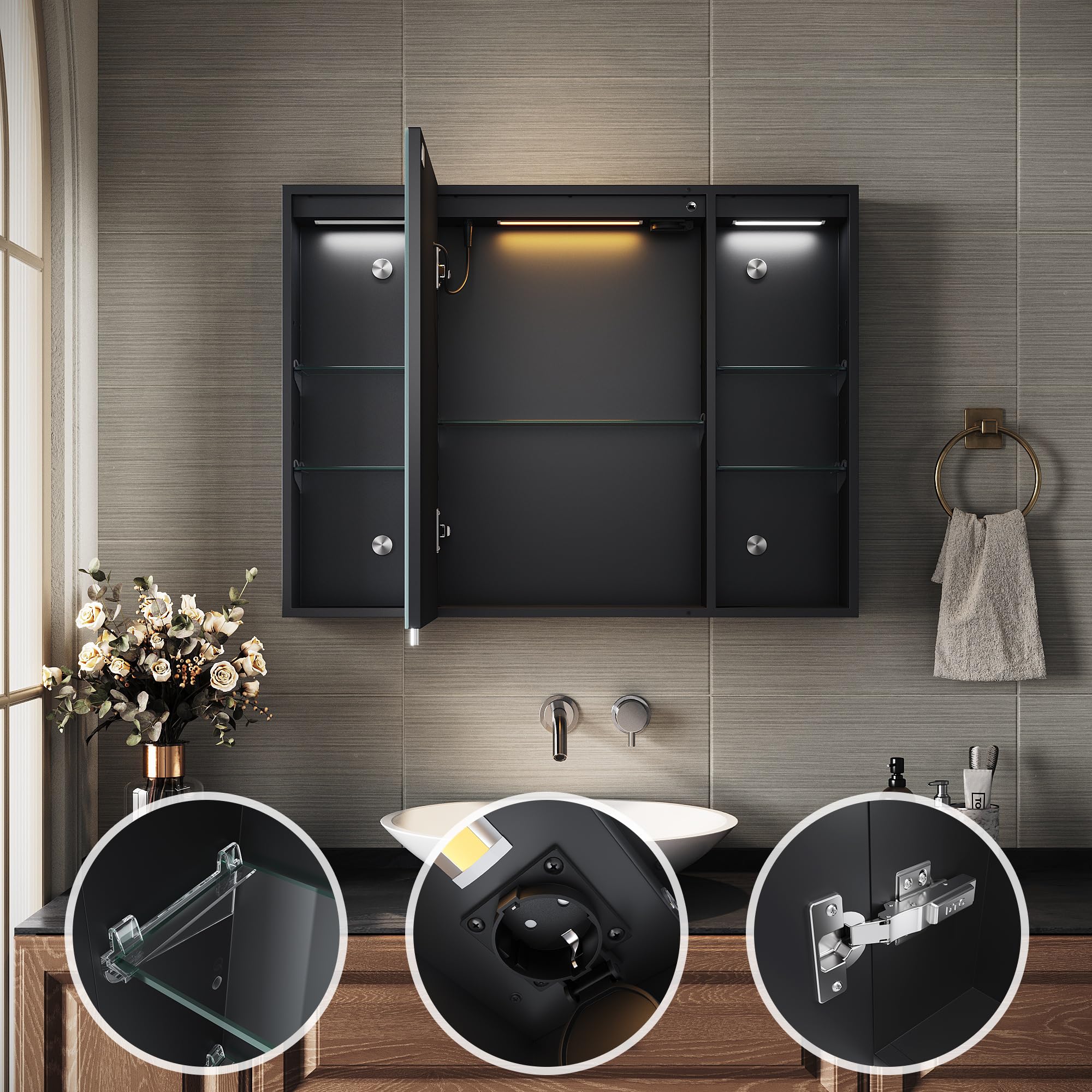Sirhona - Armario de baño con iluminación LED y tomas de corriente, interruptores de control táctil, regulable, con almacenamiento y estantes de cristal ajustables, 80 x 60 x 13 cm