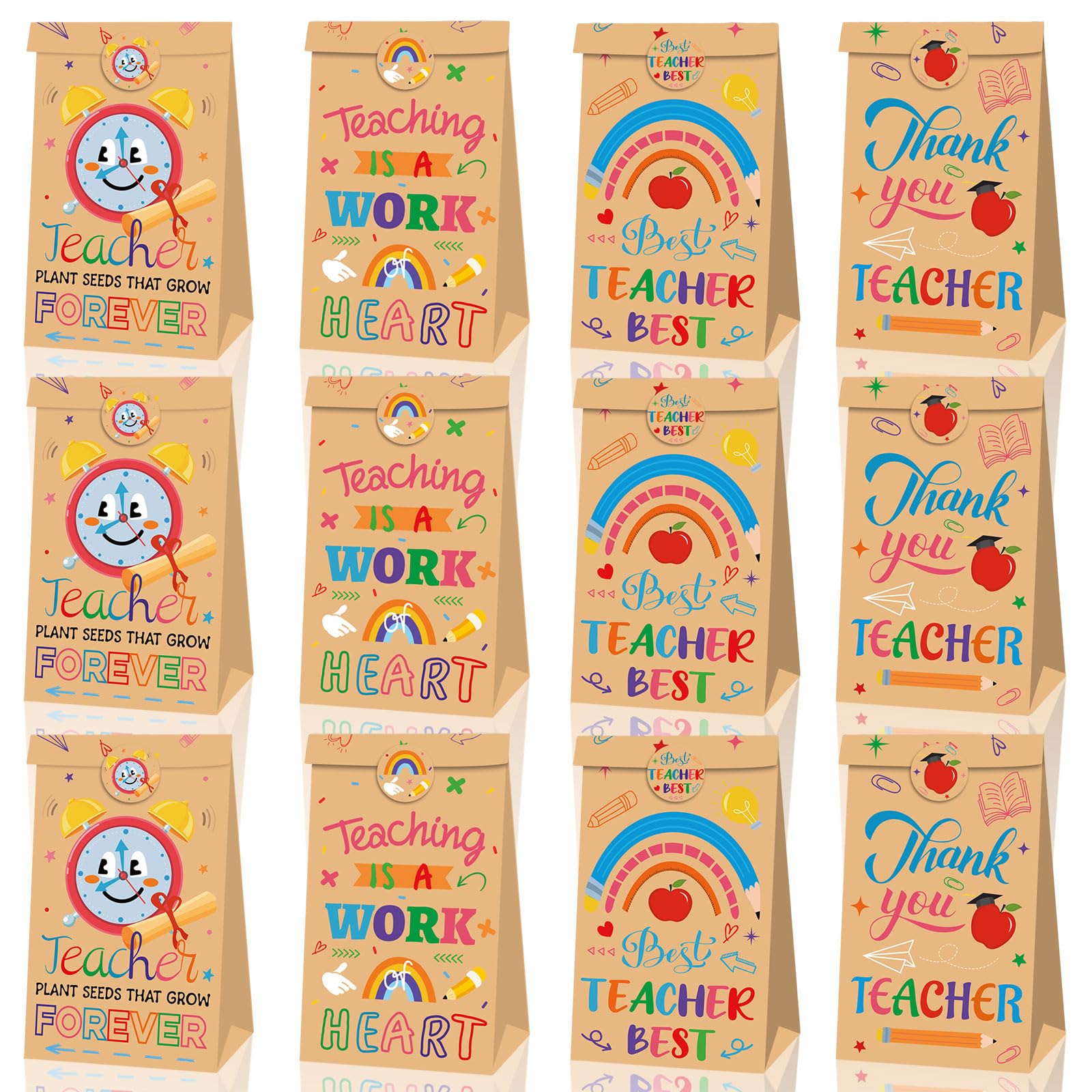 Thank You Teacher Gift Bags with Label Stickers, 12Pcs Reusable Teachers Appreciation Gifts Kraft Paper Bags, Thank You and Leaving Gifts for Best Teachers Ever, Teacher Appreciation Party Supplies