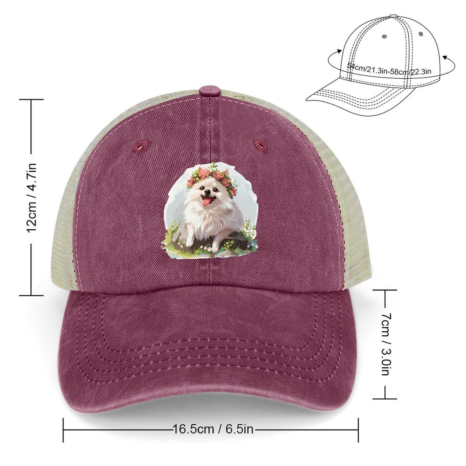 White Pomeranian Dog with Flower Classic Baseball Mesh Back Cap Golf Dad Hat Adjustable Snapback Hats for Men Women