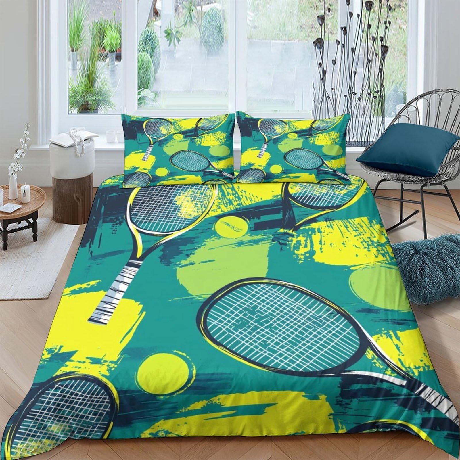 GPLZQXKJNH 3D Printed Tennis Racket Duvet Cover Microfiber Soft Breathable Tennis Ball Bedding Set with 2 Pillowcases for Bedroom Decor Single（135x200cm）
