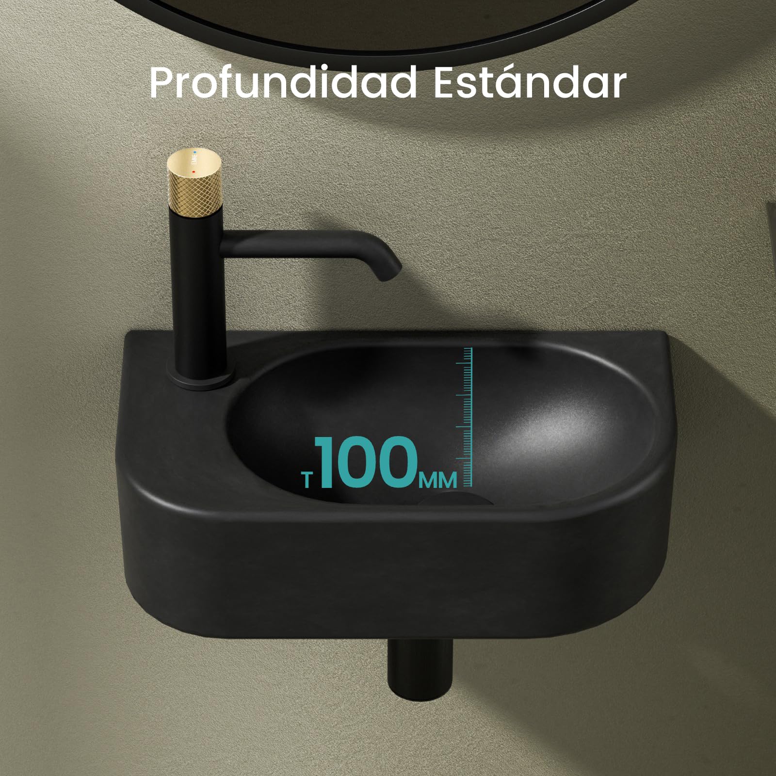 EMKE Lavabo de Cerámica 400 x 215 x 120 mm, negro mate,grifo a la izquierda | Lavamanos para montar, lavabo suspendido para fijar en la pared para WC de invitados y baño, pequeño