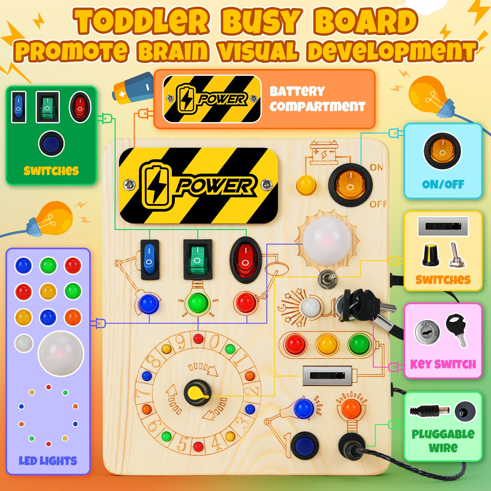 Tablero de actividades, juguetes Montessori para niños de 1 año o más, tablero de actividades con 13 luces LED, juguete educativo de viaje de madera para niños y niñas de 1 año 2
