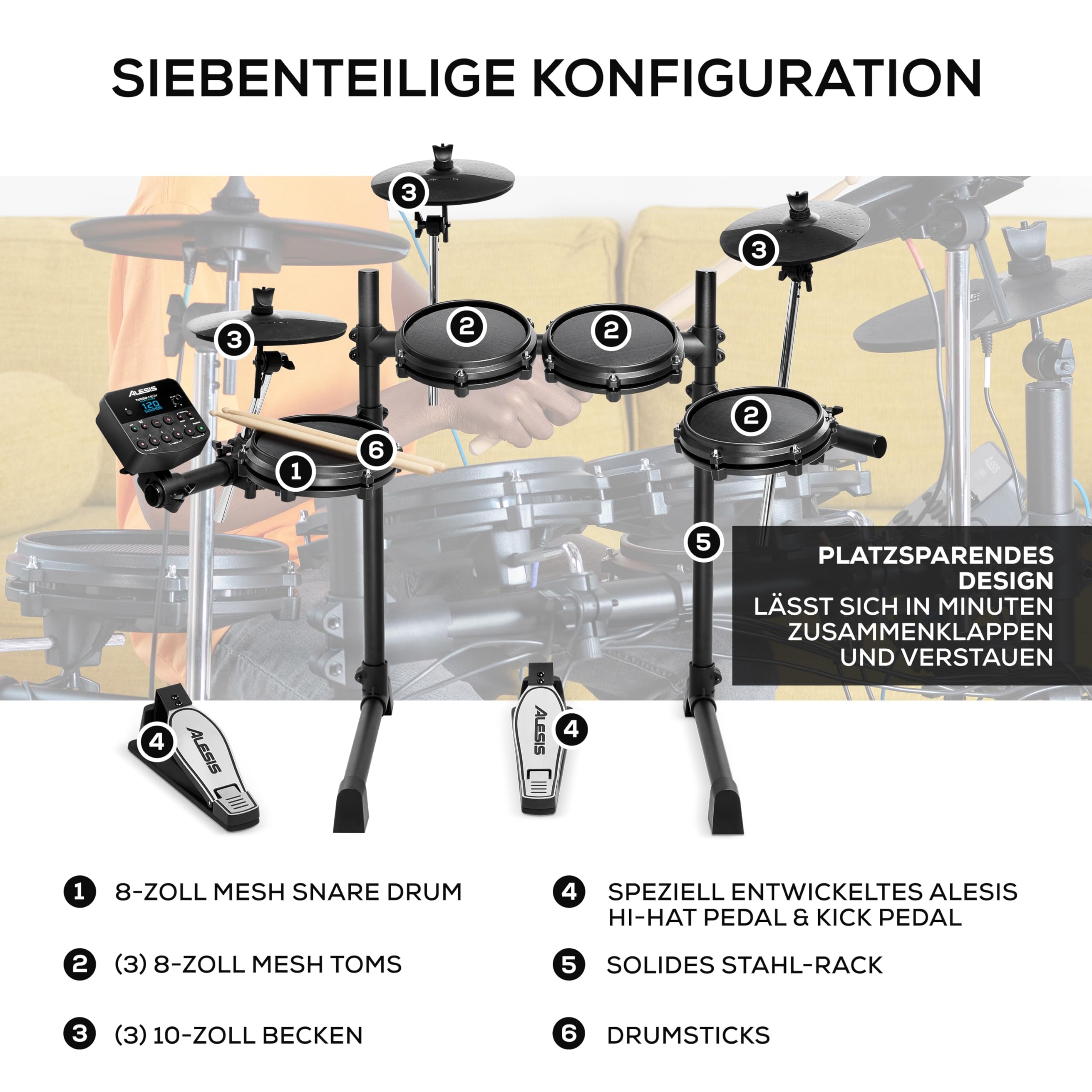 Alesis Turbo Mesh Kit - E Schlagzeug Elektronisch mit Mesh-Heads, Drumsticks, Drum Key, über 100 Sounds und 30 Play-Along-Tracks