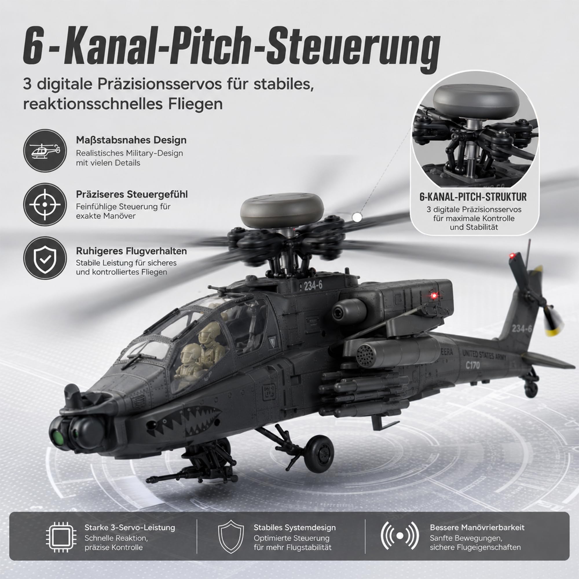 RC Hubschrauber C170 2,4GHz, 6-Kanal RC Helikopter mit 6-Achsen-Gyro, Optical Flow, TOF-Höhenhaltung, Brushless Motor, 3 Akkus (Dunkelgrau)