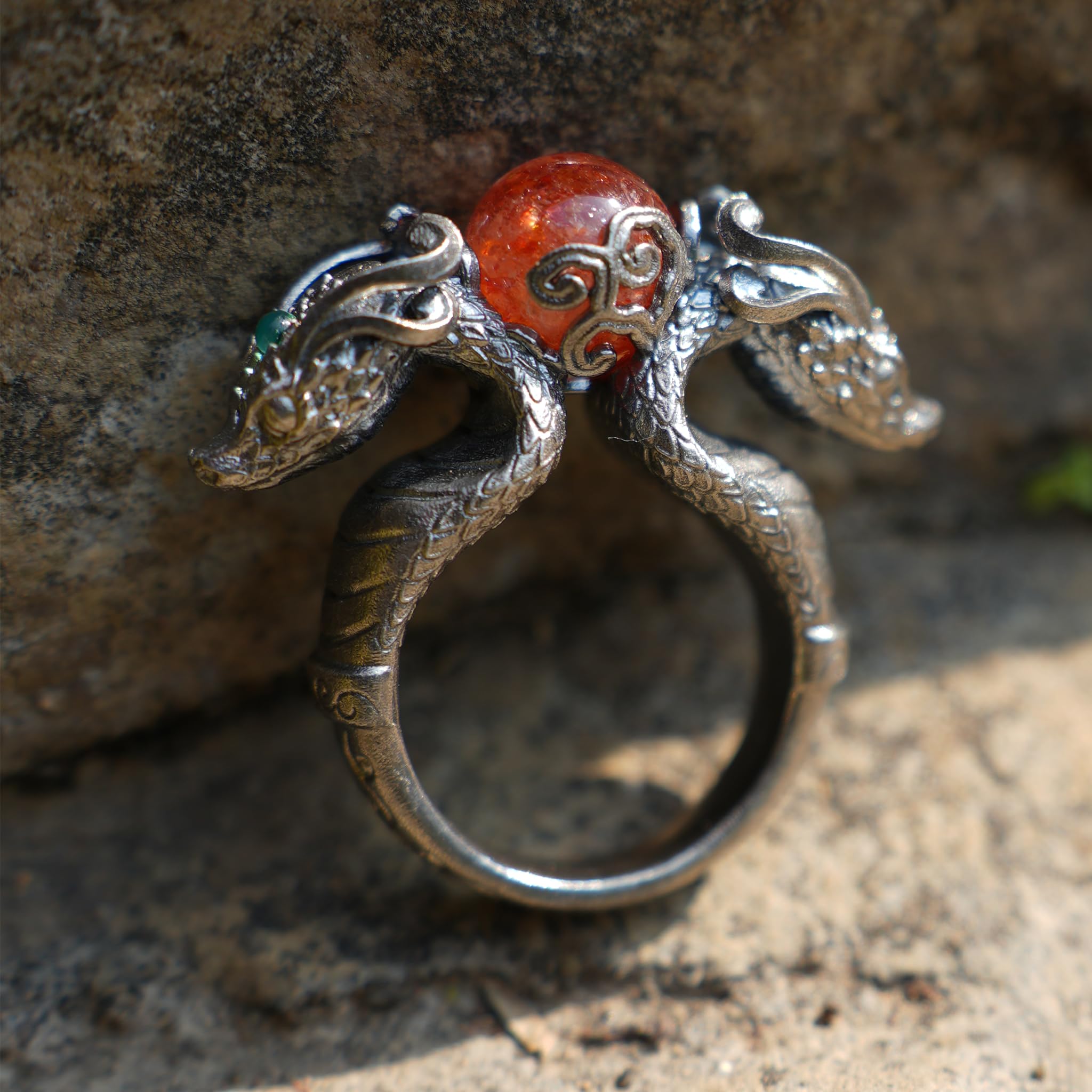 Generisch Handgefertigter 925er Silber Drachen-Ring mit leuchtendem Sonnenstein & Aquamarin-Akzenten │ Mystisches Fantasy-Amulett, verstellbar Größe 6