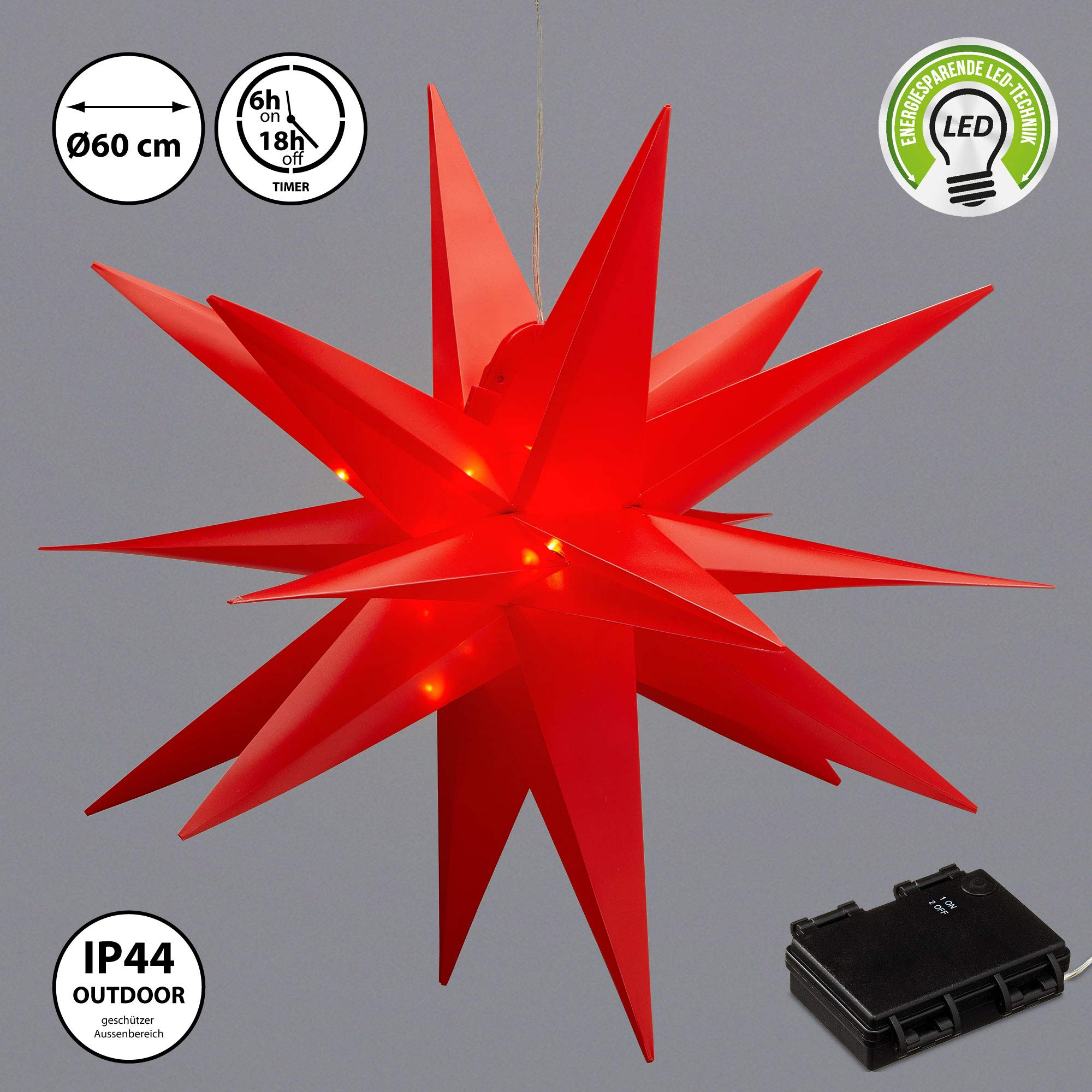 Świecąca gwiazda 3D czerwona z PCW LED gwiazda bożonarodzeniowa XL do zawieszenia podświetlana wraz z 40 diodami LED Ø 60 cm do użytku na zewnątrz IP44 (1 x XL gwiazda świecąca 3D czerwona)