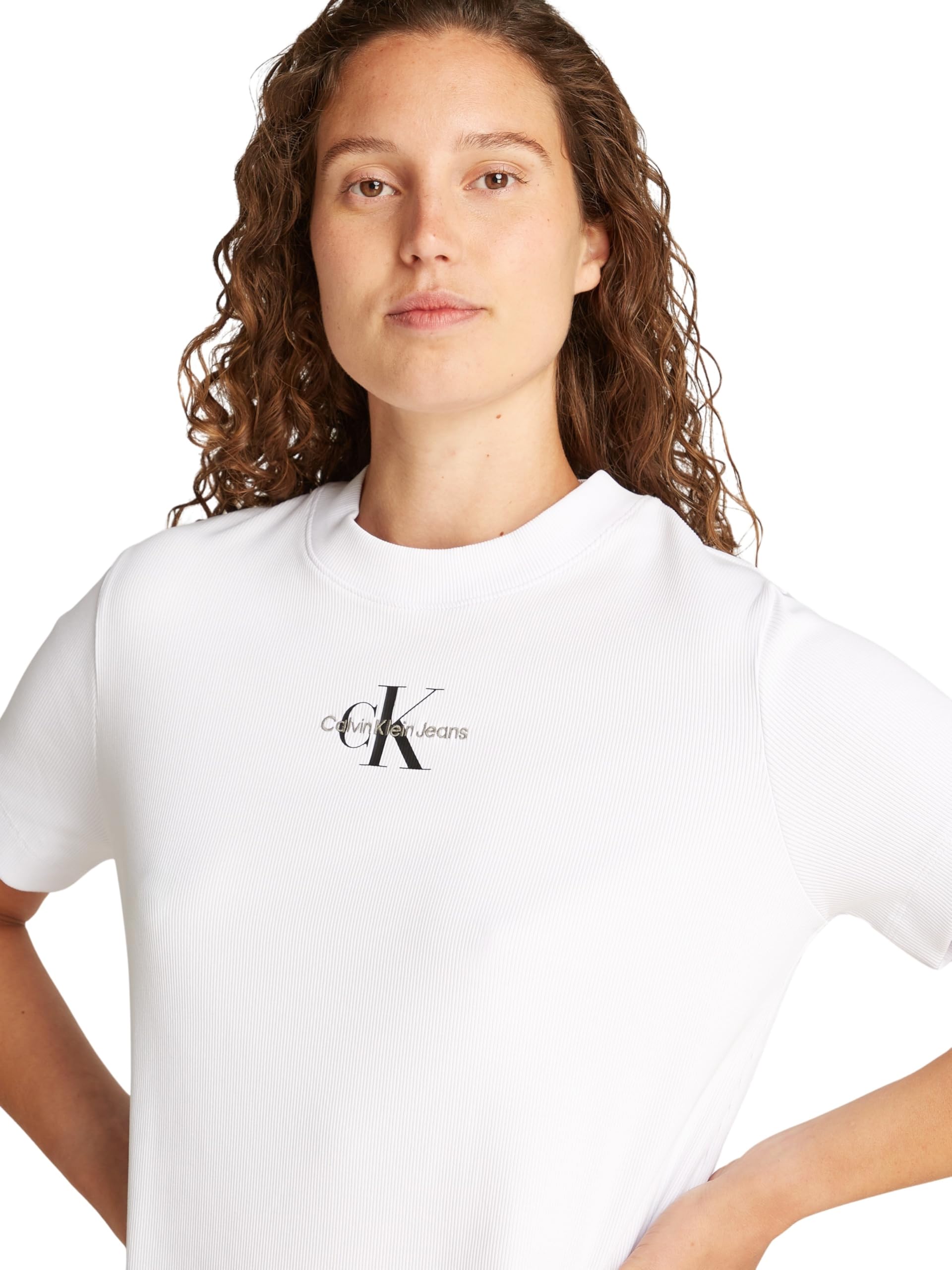 Calvin Klein Damen T-Shirt Kleid Monologo Long Rib Tee mit Rundhalsausschnitt
