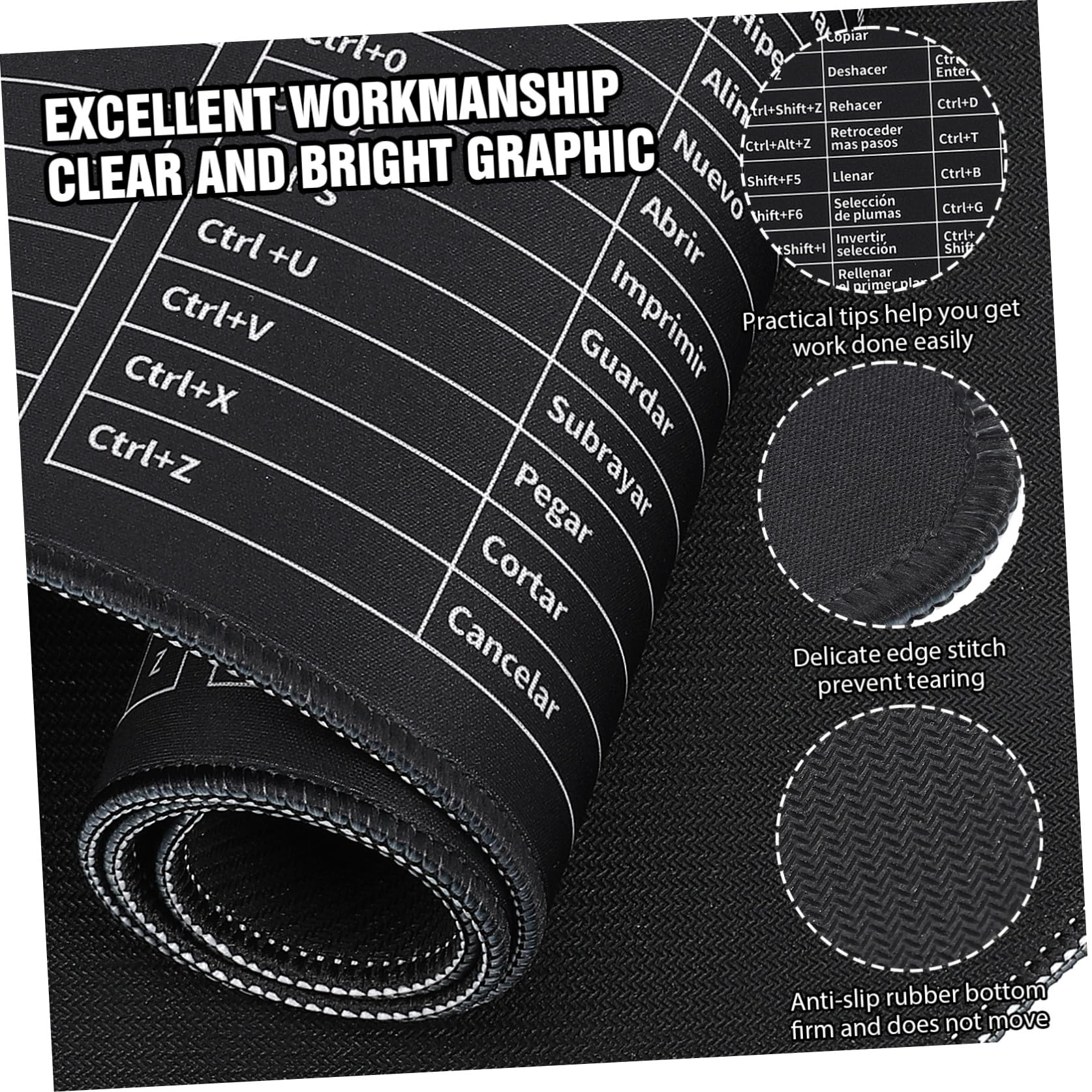 DOITOOL Mauspad mit Tastenkombinationen 300x800x3mm für Büro | Excel Spickzettel Schreibtischunterlage, Gaming Matte, Multifunktionales Computer Mauspad, Spanisch