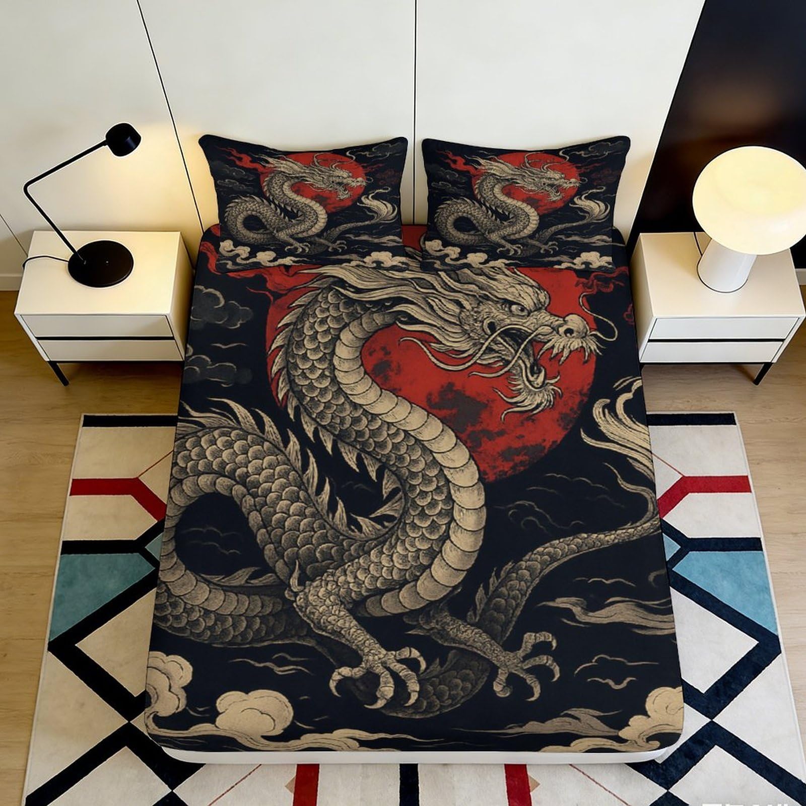 3D Printed Red Dragon Fitted Sheet Microfiber Soft Bed Cover for Bedroom Dorm Mattress Protection Decor 200x200x25cm