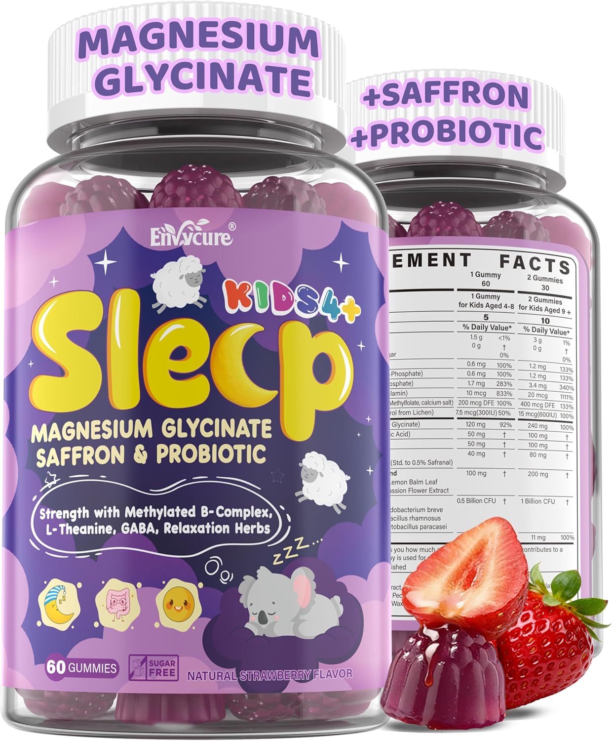 Kids Sleep Gummies - Magnesium Glycinate Saffron for kids w/ Vitamin B6 D3, L-Theanine, GABA, Chamomile, Methylate B12 for Peaceful Sleep, Relax Brain & Muscle, Bedtime Unwind, Melatonin Free,120 Cts