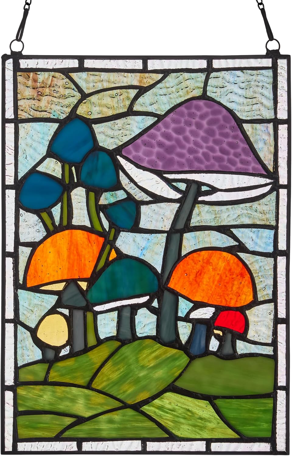RIVER OF GOODS 11.5" Stained Glass Window Panel - Tiffany-Style - Hanging Large Suncatcher, Decorative Glass Wall Décor, Mushrooms