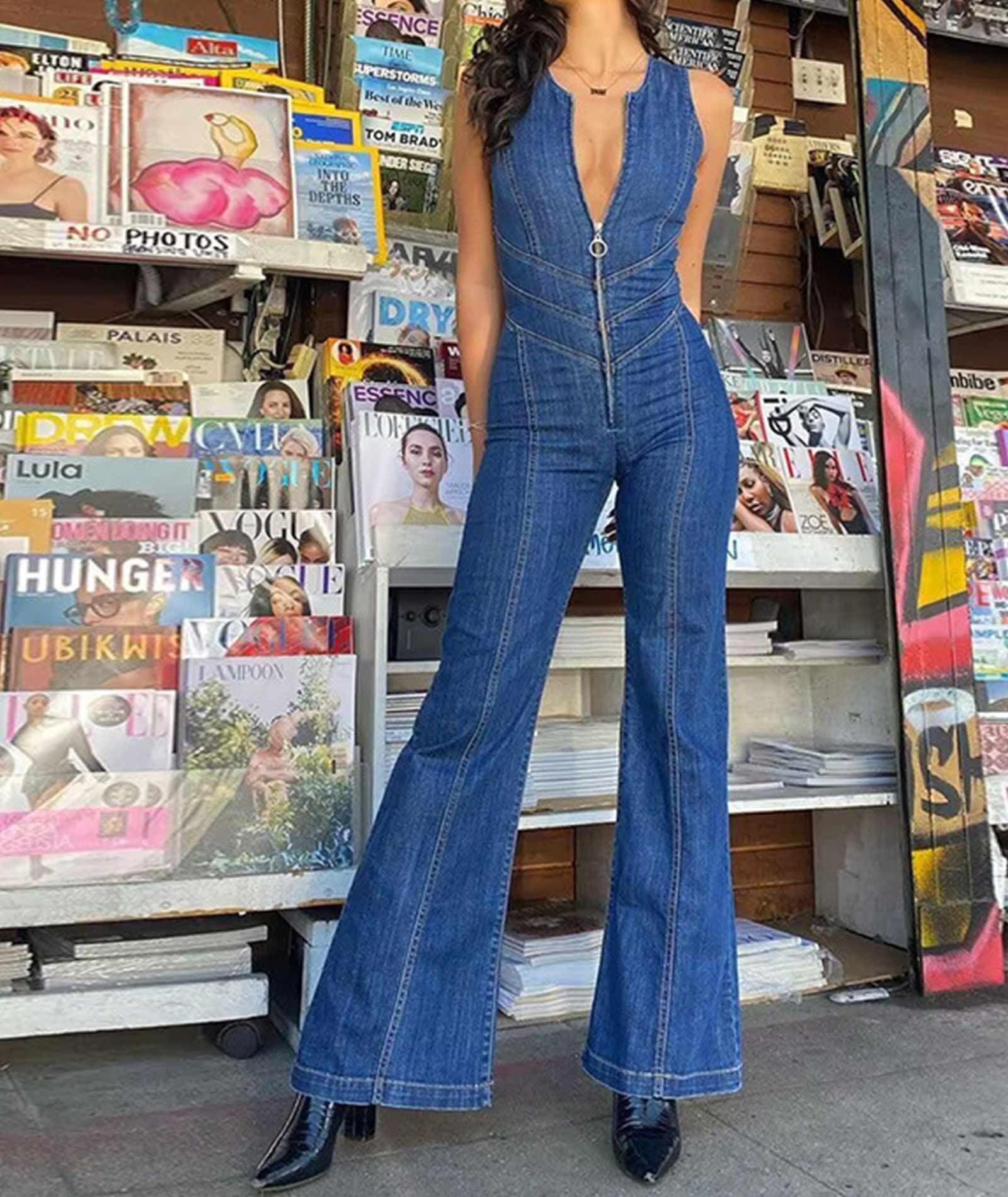 Combinaison en denim pour femme - Fermeture éclair sur le devant - Col en V profond - Sexy - Sans manches