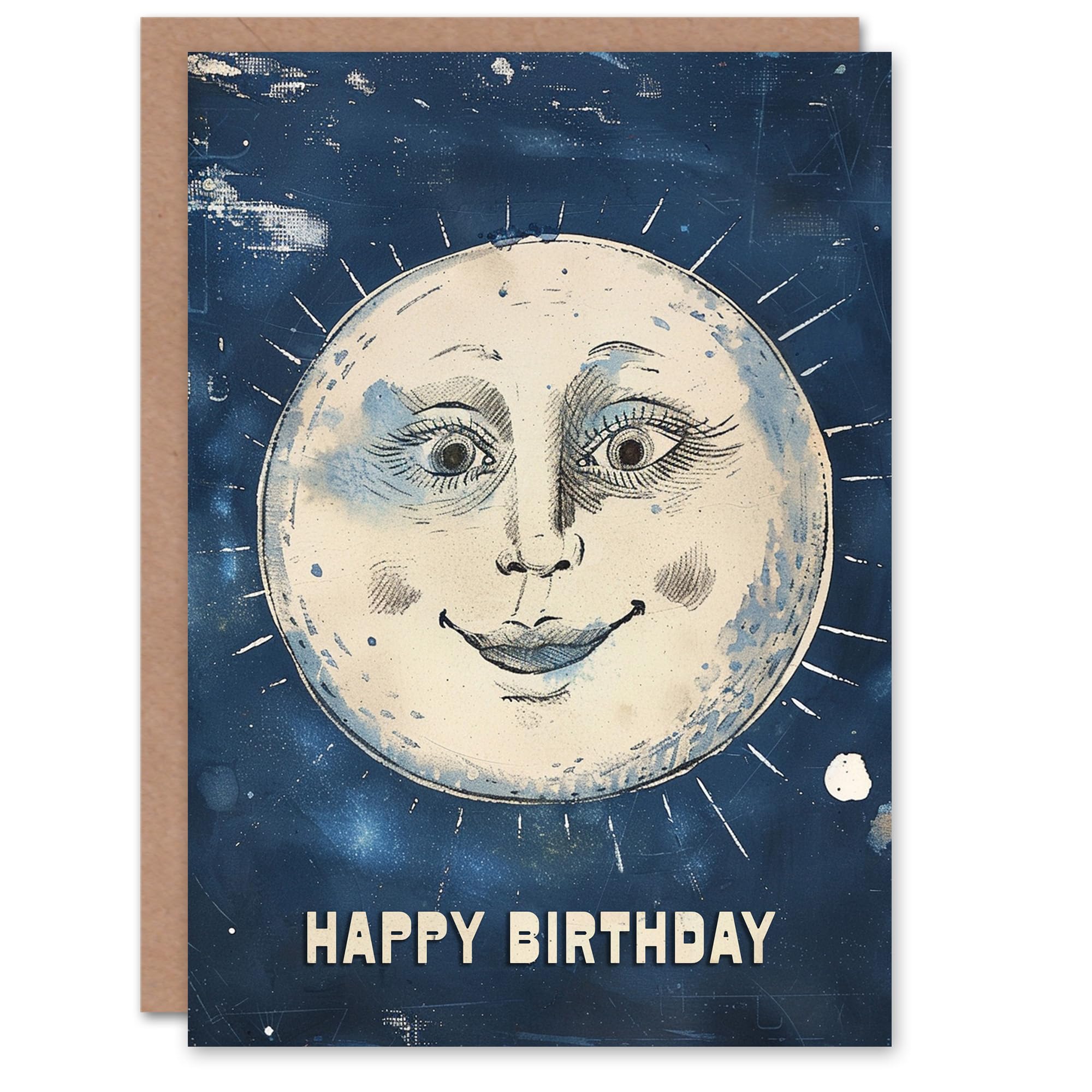 Artery8 Vintage Style Happy Smiling Face Full Moon Blank For Him Or Her Art Birthday Card