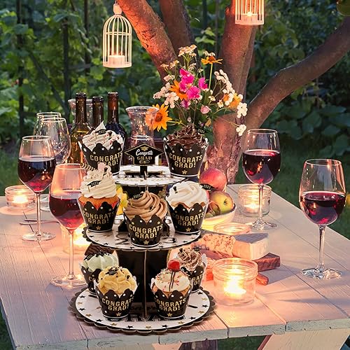 Miniatura 6 de Class of 2023 - Juego de soportes de cartón para magdalenas, 26 unidades, color negro, dorado, blanco, de 3 niveles, para magdalenas, forros para