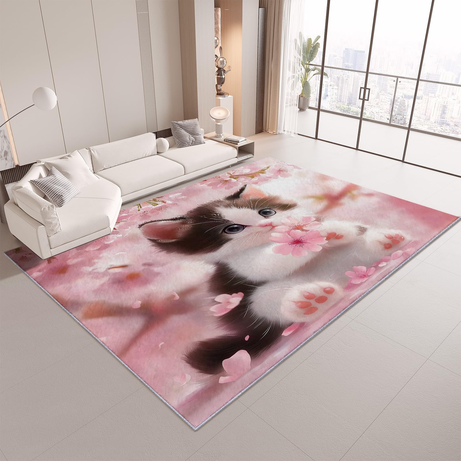 Alfombra para Salón Gato De Dibujos Animados con Flores Rosas 120x180cm Alfombras Lavable Moderna Comedor Cocina Habitación, Alfombra Pelo Corto Fácil de Cuidar, Alfombra Grande