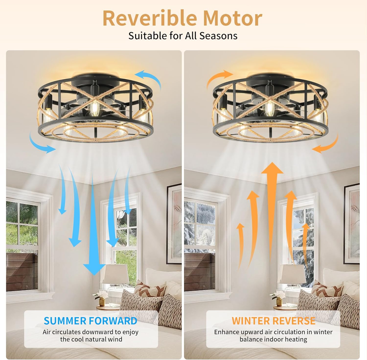 Farmhouse Caged Ceiling Fan with Light, 18 Inch Rattan Low Profile Flush Mount Ceiling Fans with Light, 6 Speed, Timing, Reversible DC Motor, Boho Small Ceiling Fan Light for Bedroom, Kitchen, Indoor
