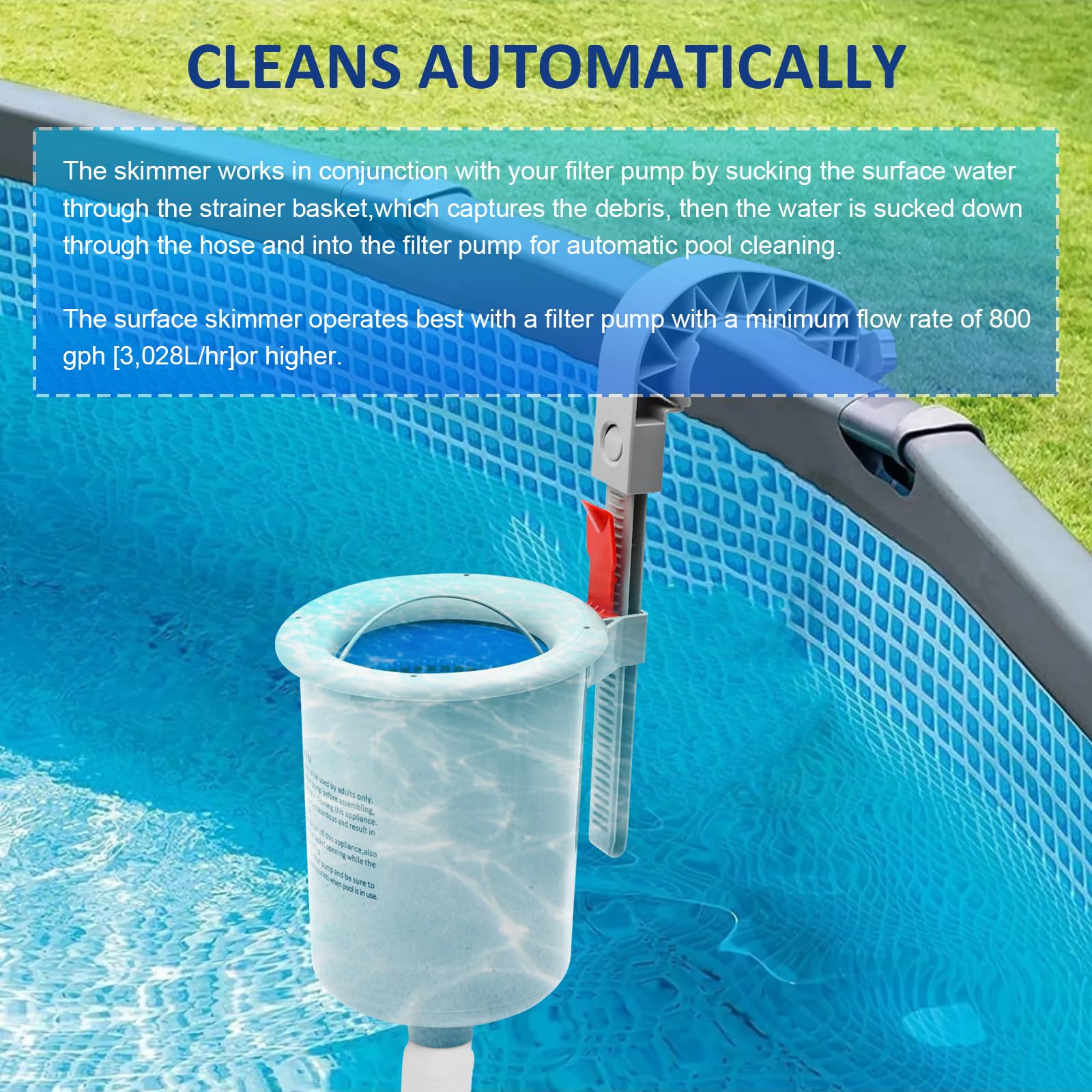 Skimmer de superficie de piscina sobre el suelo con cesta de skimmer desmontable, filtro flotante de piscina automático, skimmer de superficie de montaje en pared para collares inflables, marco de
