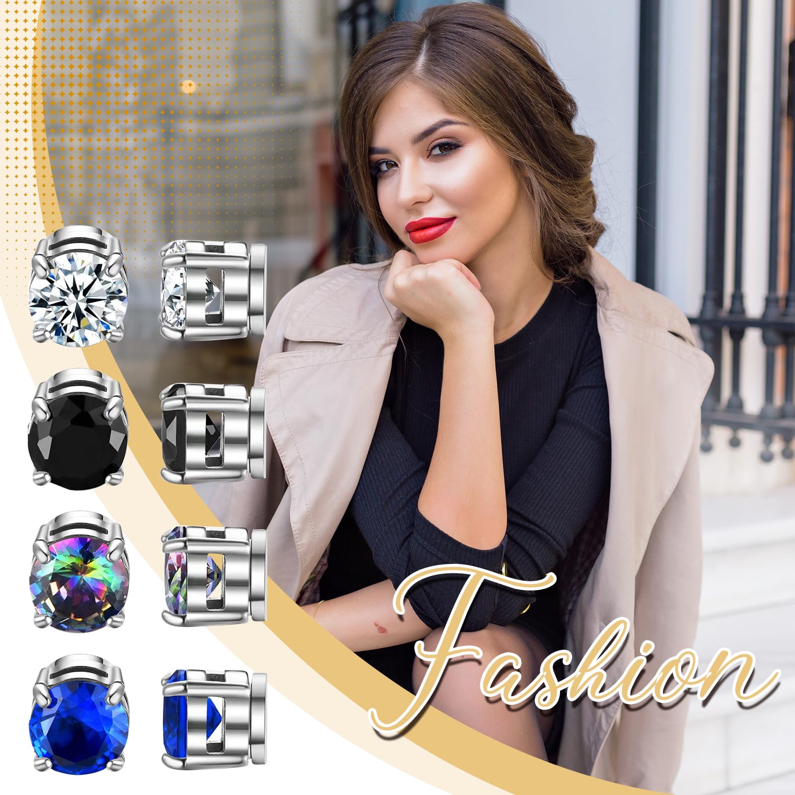 JewelryWe Kolczyki magnetyczne dla mężczyzn i kobiet: 4 pary 8 mm kolorowe okrągłe cyrkonie stal szlachetna magnetyczne kolczyki na sztyfcie, bez przekłuwania uszu, Stal nierdzewna