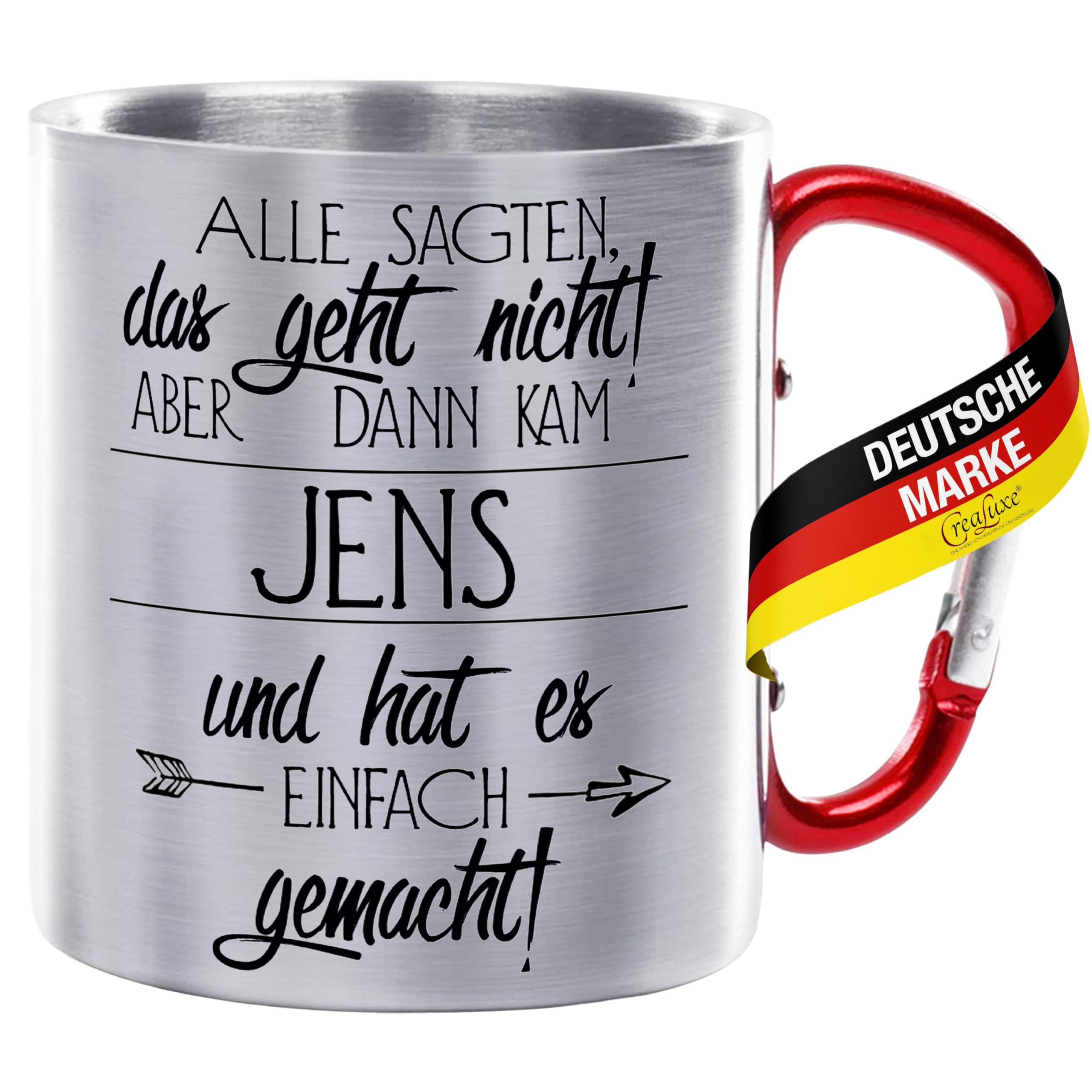 Crealuxe Edelstahltasse Mit Karabiner – Personalisierbar (Name/Spruch), 330 Ml, Made In Germany, Für Outdoor, Büro & Zuhause