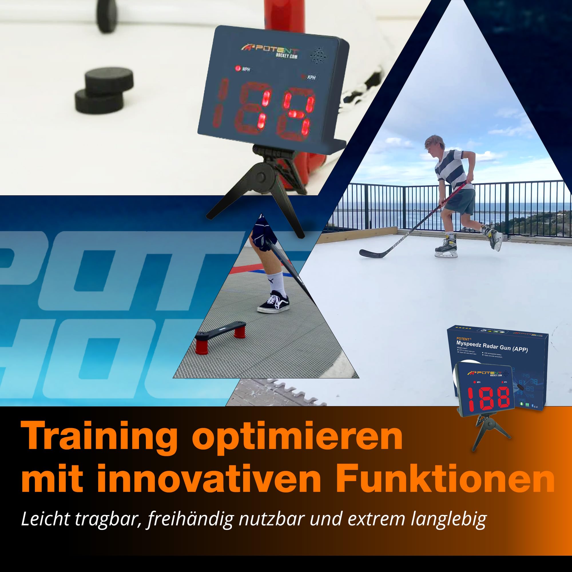 Potent Hockey, Fußball & Racket Ball Speed Radar Gun – Präzises Geschwindigkeitsmessgerät – Tragbar & wiederaufladbar – Für Android & iOS – Ideal für Eishockey, Fußball & Racket Ball
