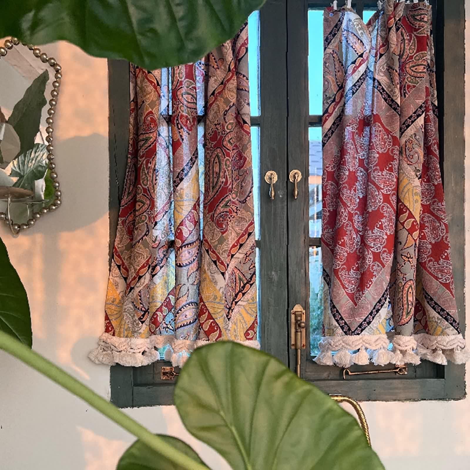 Scheibengardinen Küche Landhaus, Küchengardinen Modern Kurz Bunt Polyester Bistrogardinen Geometrisches Muster mit Vintage-Blättern und Quasten 2 Stück B 65 x H 120 cm