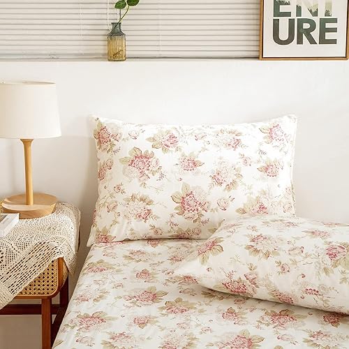 Miniatura 4 de DaDalogy Bedding - Sábana bajera de 100 % algodón con rosas de cabaña  Sábana de cama vintage Shabby Chic con flores rosas rosas de 15 pulgadas de