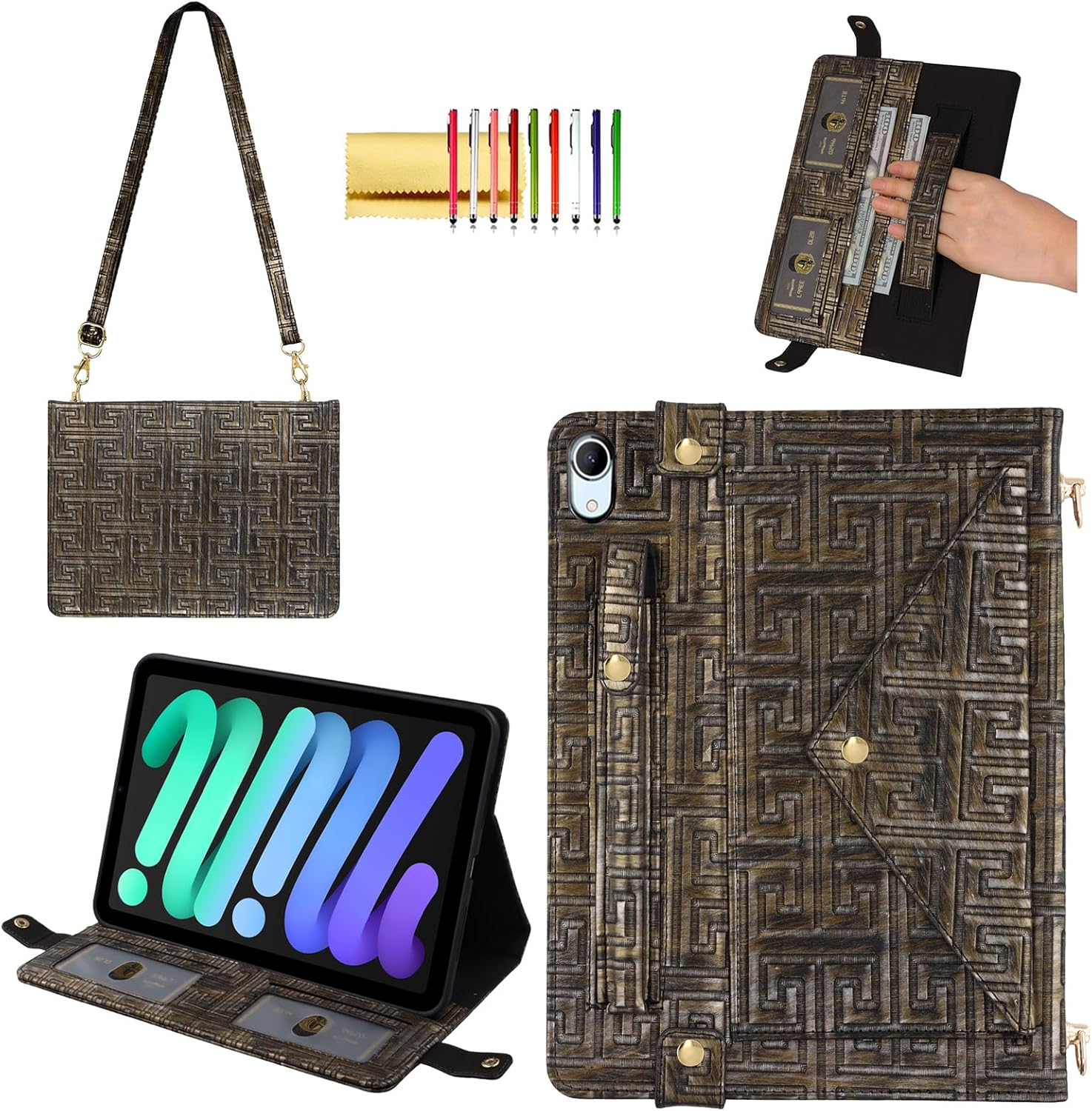 Handbag Case for iPad (A16) 11" 2025 & iPad 10th Gen 10.9", Techcircle Folio Stand PU Leather Multi-Card Slots Envelope Pocket Wallet Cover with Hand Strap+Shoulder Strap+Pen Holder, Coffee