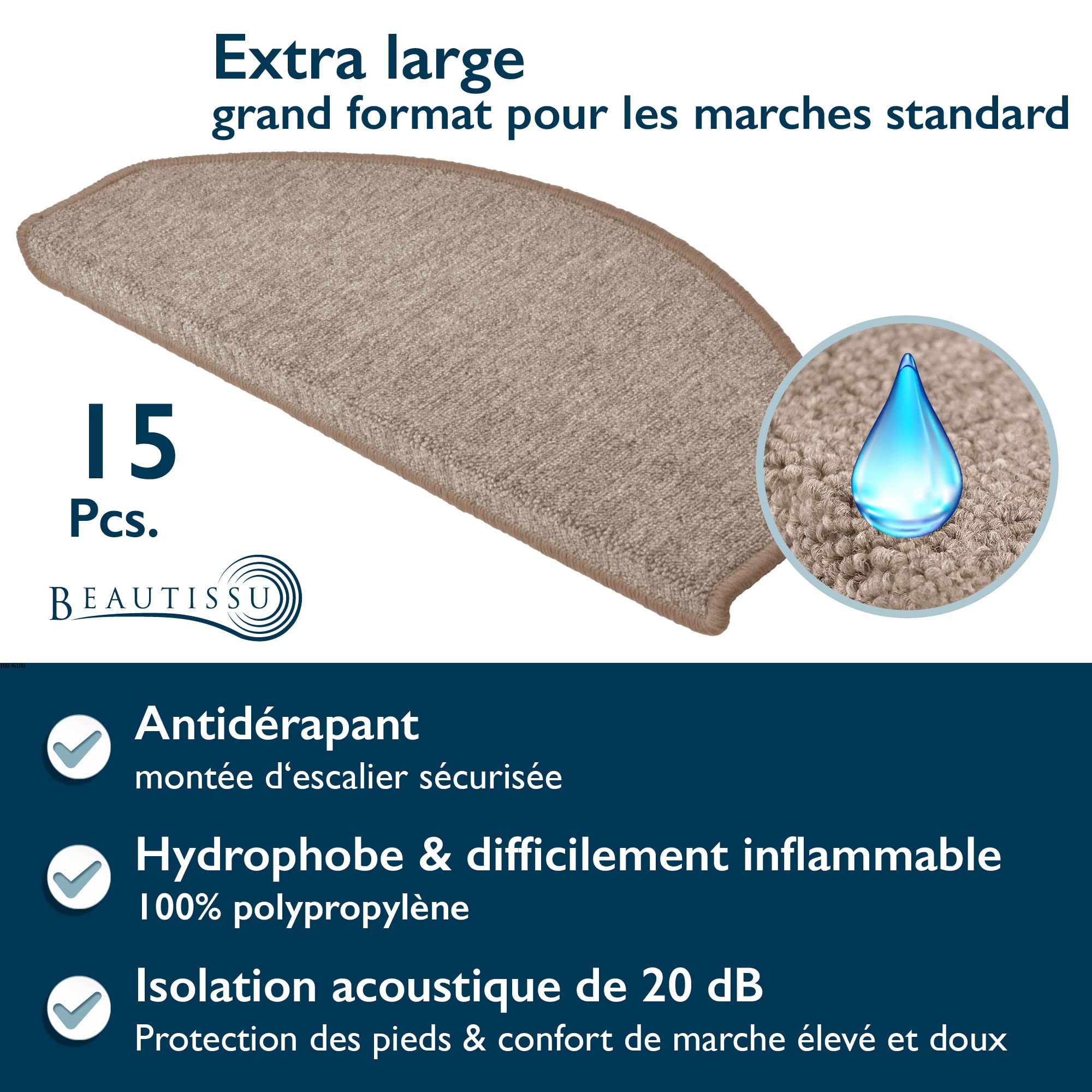Beautissu 15 Tapis d'escalier ProStair 28x65cm Couture Robuste - Antidérapant Pose Rapide Facile - Sable