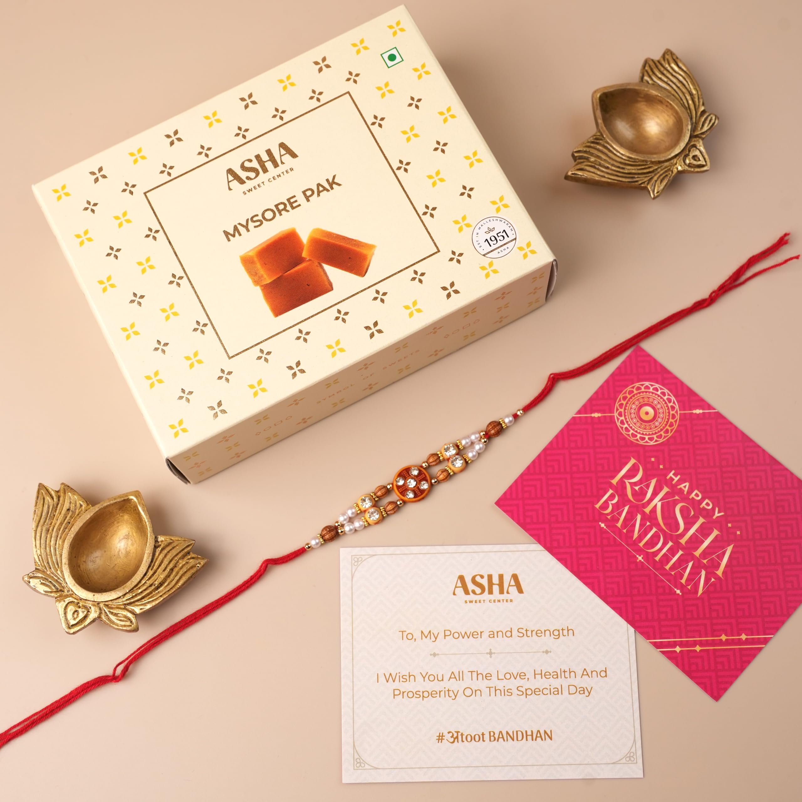 ASHA SWEETS Rakhi Celebration Combo Pack with Mysore Pak (250gm), 1 Handmade Rakhi & Wish Card Set for Gifting to Brother & Sister |Premium Raksha Bandhan Festive Gift Box for Family & Friends & Pets-image-30