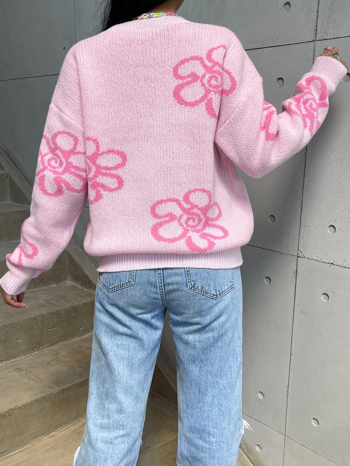 Women's Sweater Floral Pattern Drop Shoulder Sweater Sweater for Women (Color : Baby Pink, Size : Large)