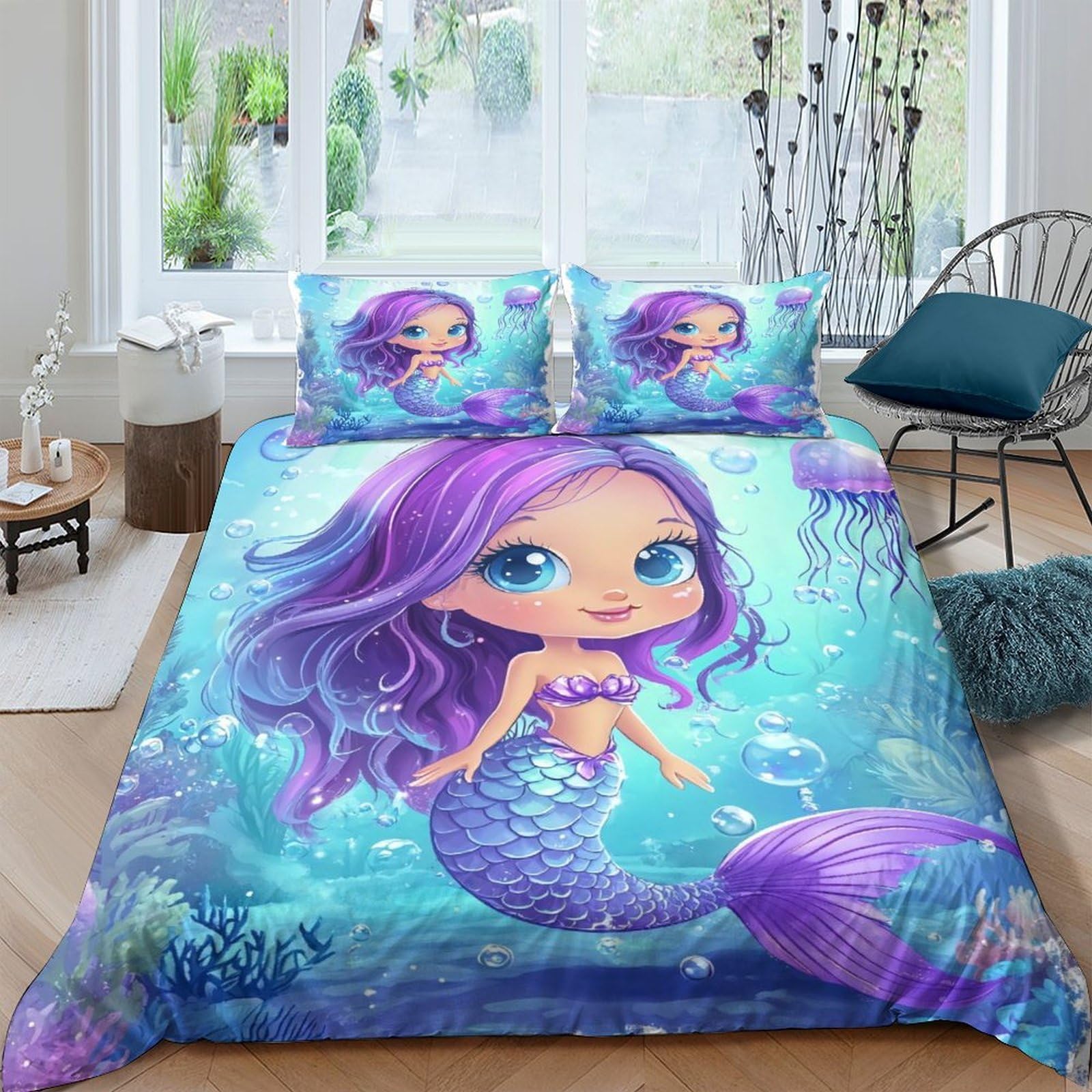 Ctjqhvkz Style-2 3D Printed Purple Mermaid Fitted Sheet Microfiber Soft Cartoon Ocean Bed Cover For Bedroom Guest Room Mattress Protection Single（135X200cm）