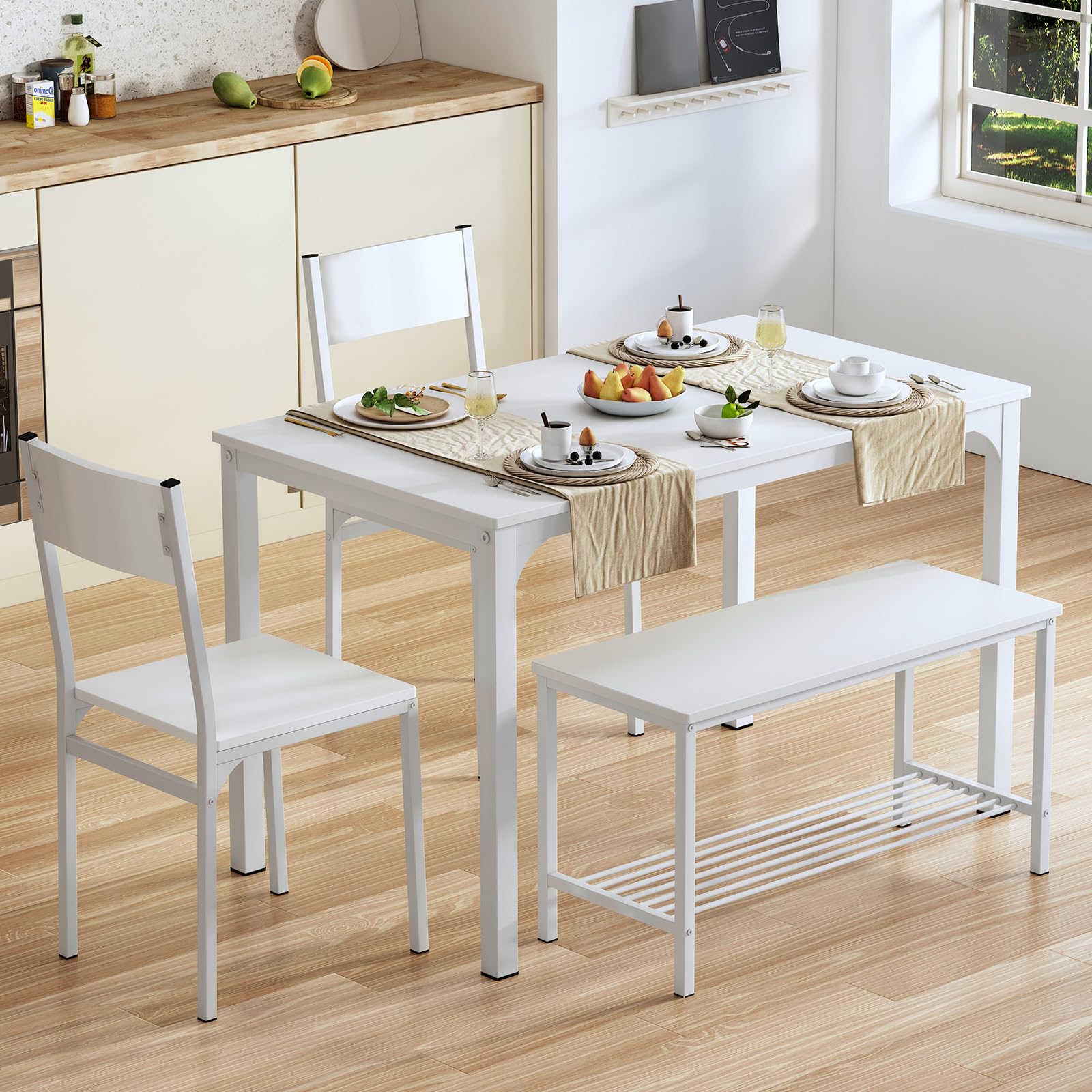 Ensemble Table de Salle à Manger avec 2 Chaises et 1 Banc Cadre en Acier Blanc pour 4 Personnes