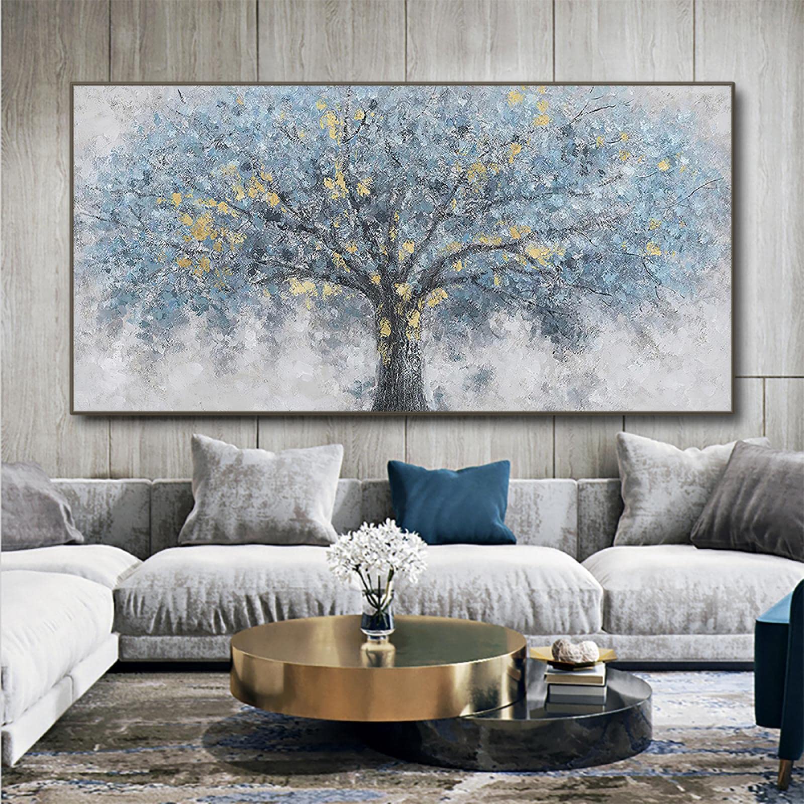 Peinture à l'huile moderne arbre de vie bleu gris, grand tableau décoration salon 65x130 cm