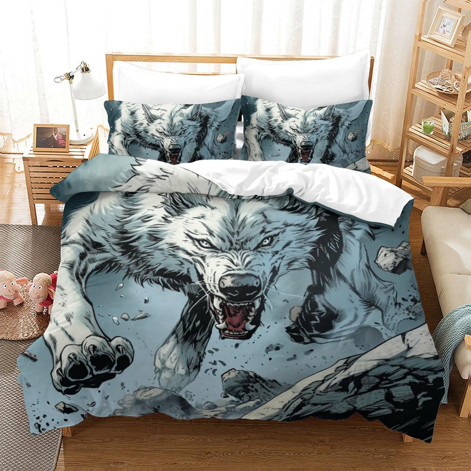Parure de lit loup 3D housse de couette enfant ado King Size 220x240