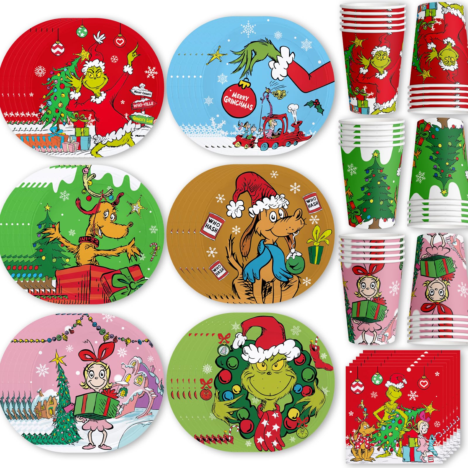 Yizeda Merry Christmas Birthday Party Supplies 120pcs Disposable Green Monster Paper Plates and Napkins for Christmas Party Decorations Cups Tablecloth for Boys Girl Birthday Decor, Serve 30.